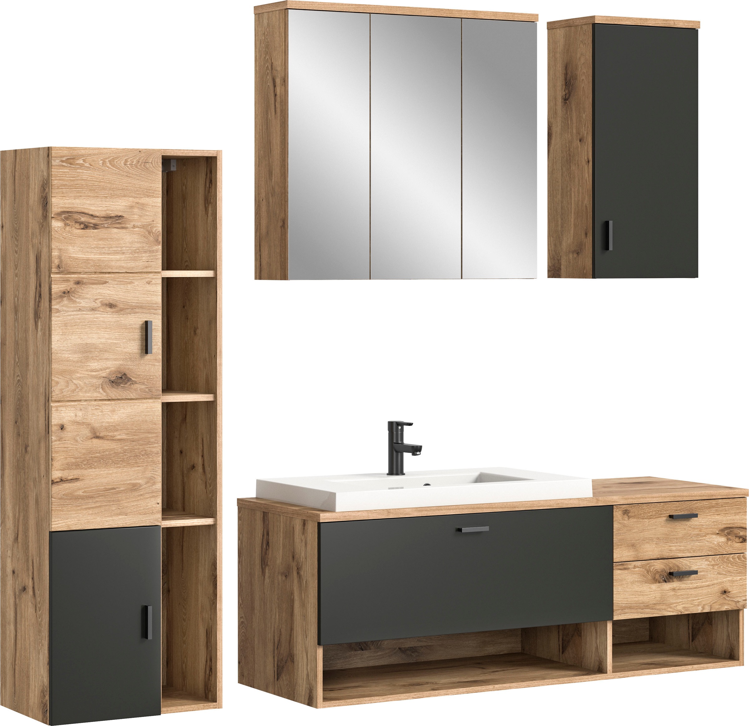 Thumbnail - welltime Badmöbel-Set "Dolo, 4 teilig, inklusive Mineralguss-Waschbecken, bestehend aus:", (Set, 4 St.), Waschtisch inkl...