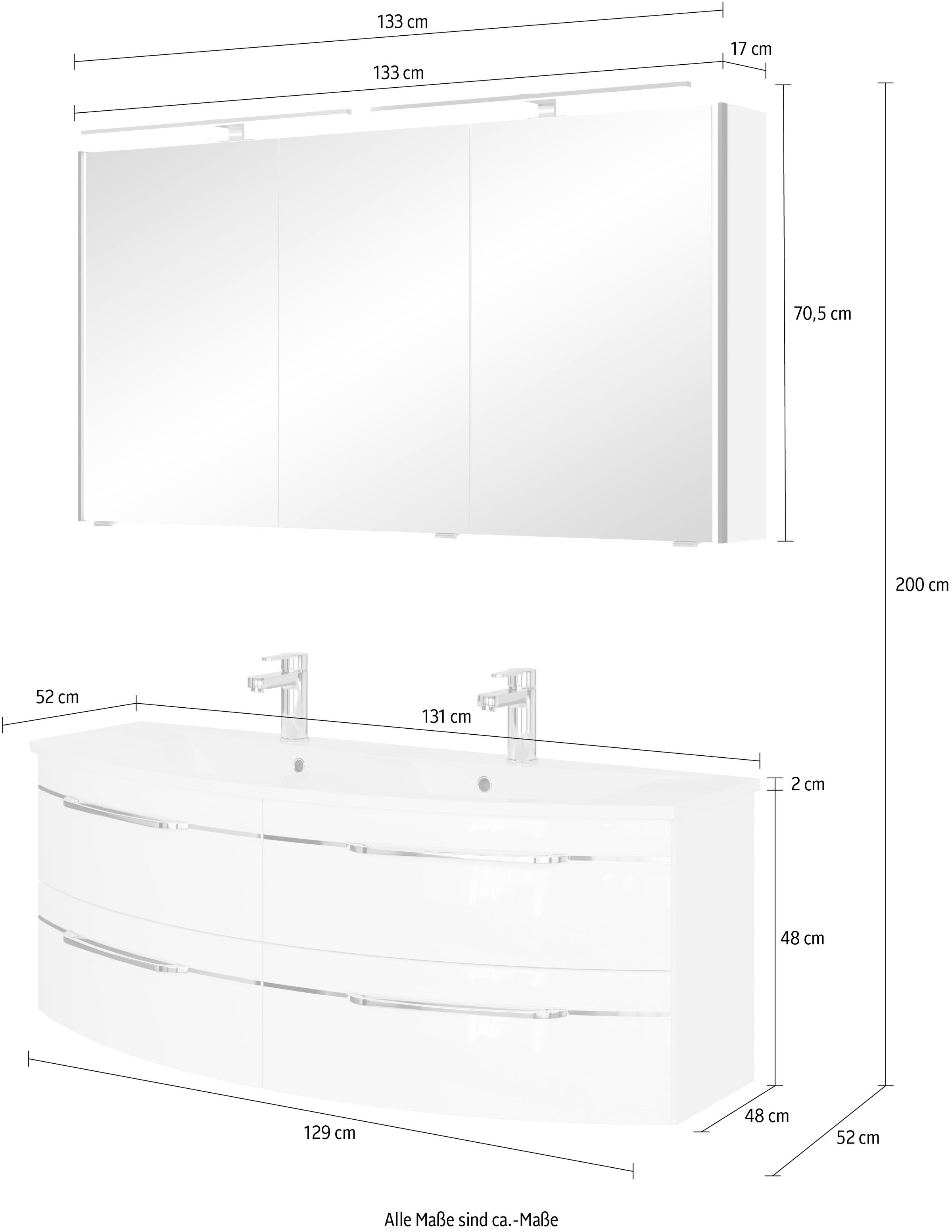 Saphir Badmöbel-Set »Badezimmer-Set 133,2 cm breit, inkl. Türdämpfer, 3 Türen, 4 Schubladen«, (Set, 2 St.), Serie 7045 2-teilig Mineralmarmor-Doppelwaschtisch, LED-Spiegelschrank