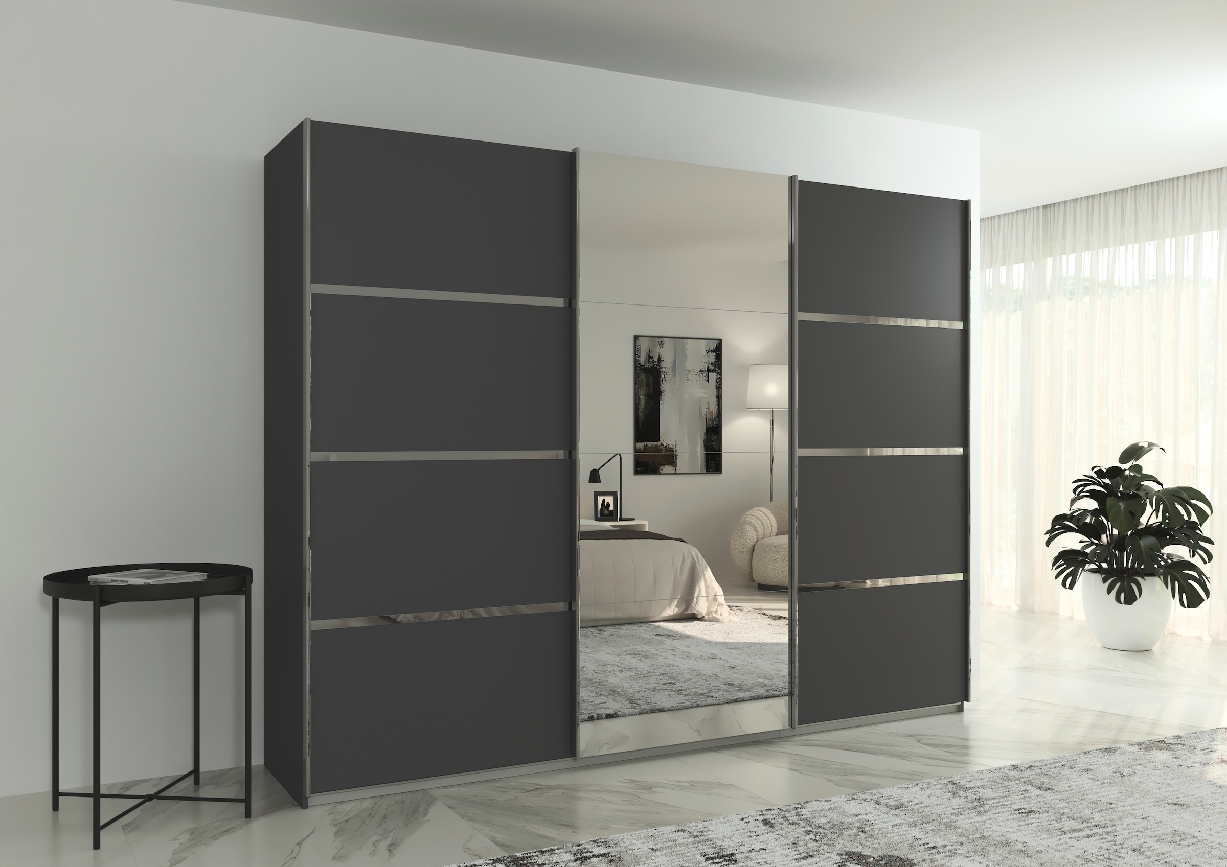 rauch Kleiderschrank »Schwebetürenschrank Garderobe Schrank TOP ANGEBOT Avola«, (in 3 verschiedenen Ausstattungen BASIC/CLASSIC/PREMIUM inkl. Spiegel), mit eleganten Zierleisten in Chrom, Schwarz oder Weiß MADE IN GERMANY