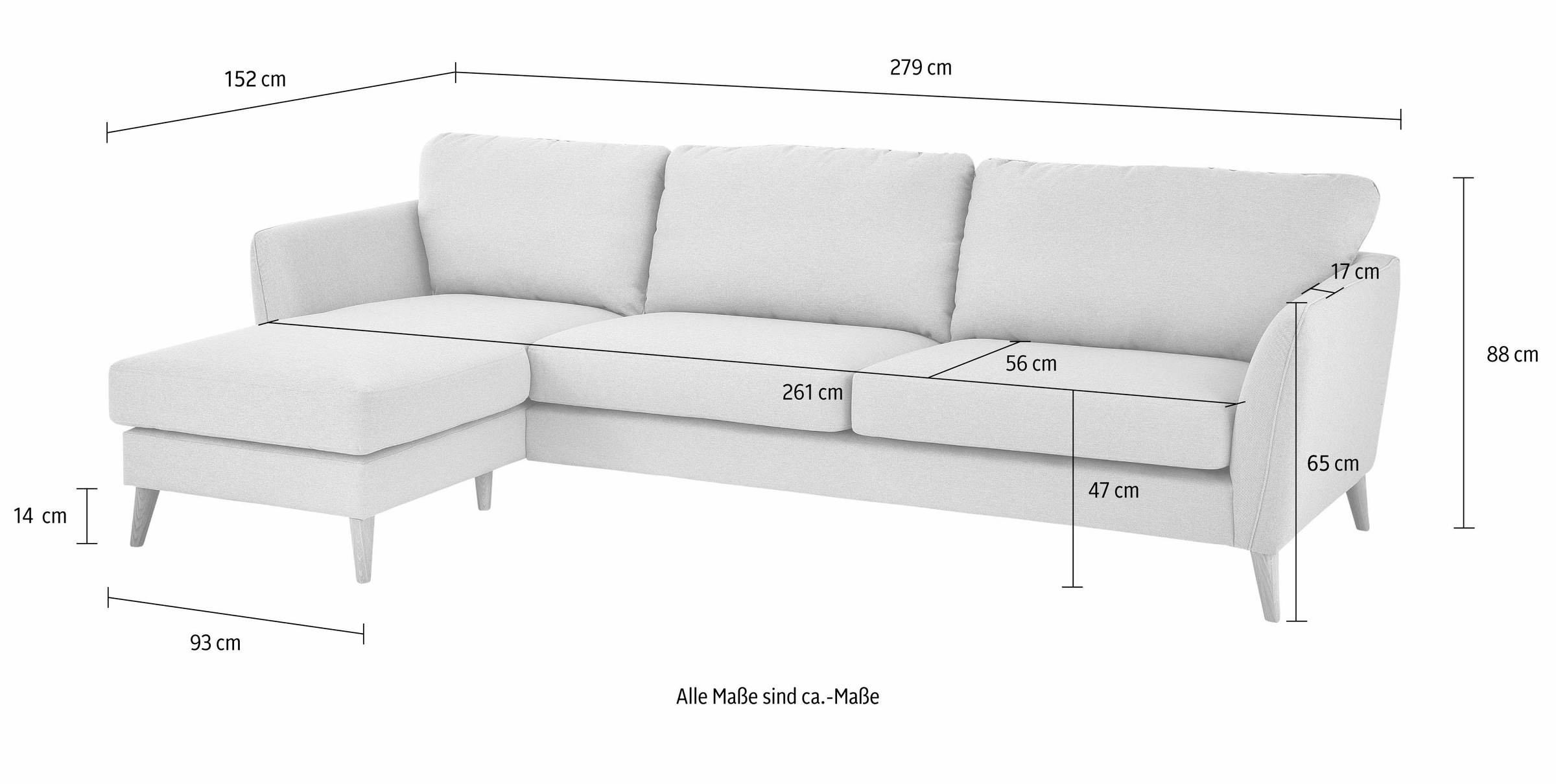 Home affaire Ecksofa »MARSEILLE (279/152cm),L-Form, Rec. rechts/links«, Massivholzbeine aus Eiche, in verschieden Bezügen und Farbvarianten