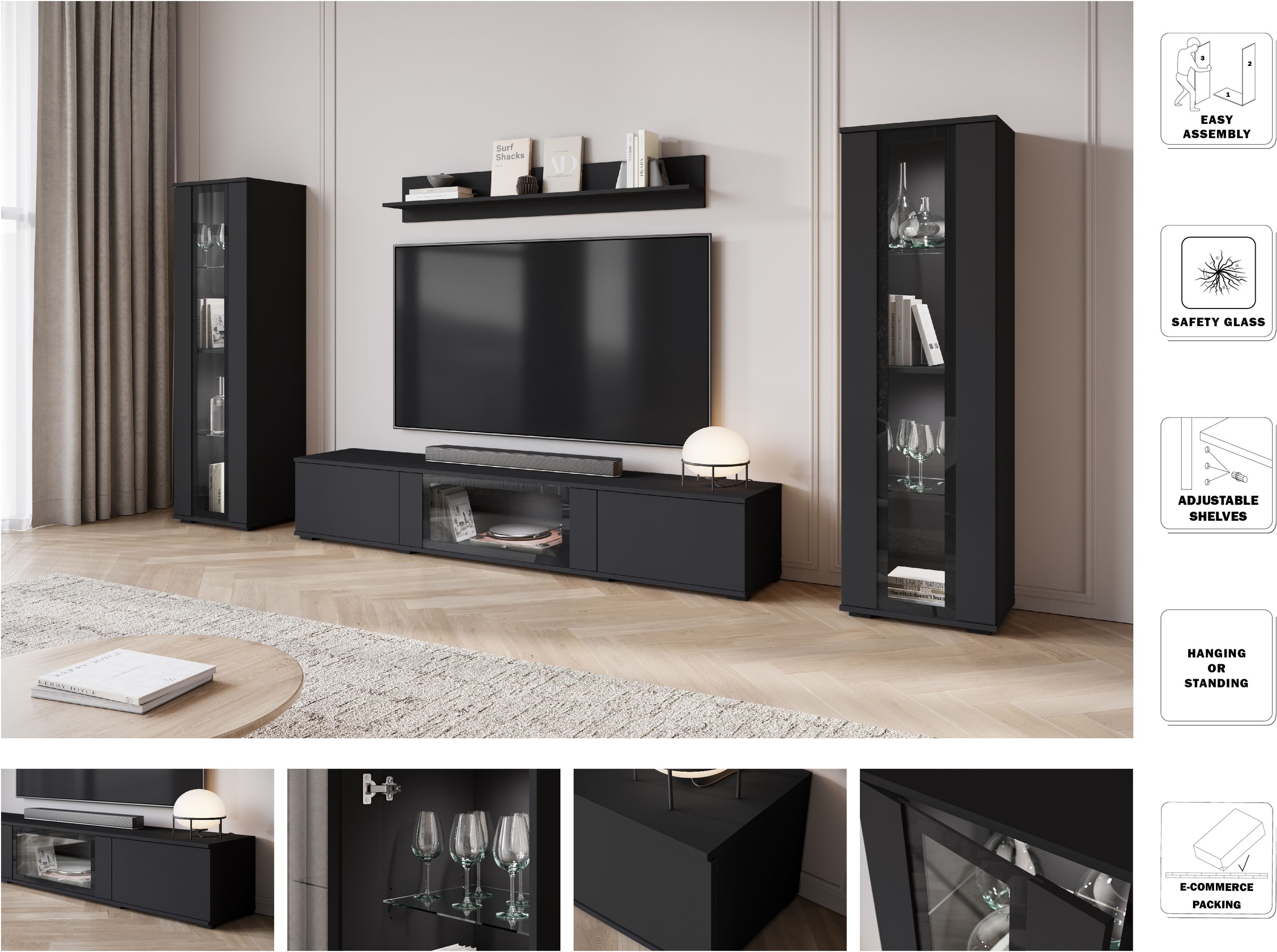 INOSIGN Wohnwand »Caro, stehend und hängend montierbar«, (Komplett-Set, 4 St., Vitrine Türanschlag links/rechts wechselbar), grifflose Design, höhenverstellbare Einlegeböden