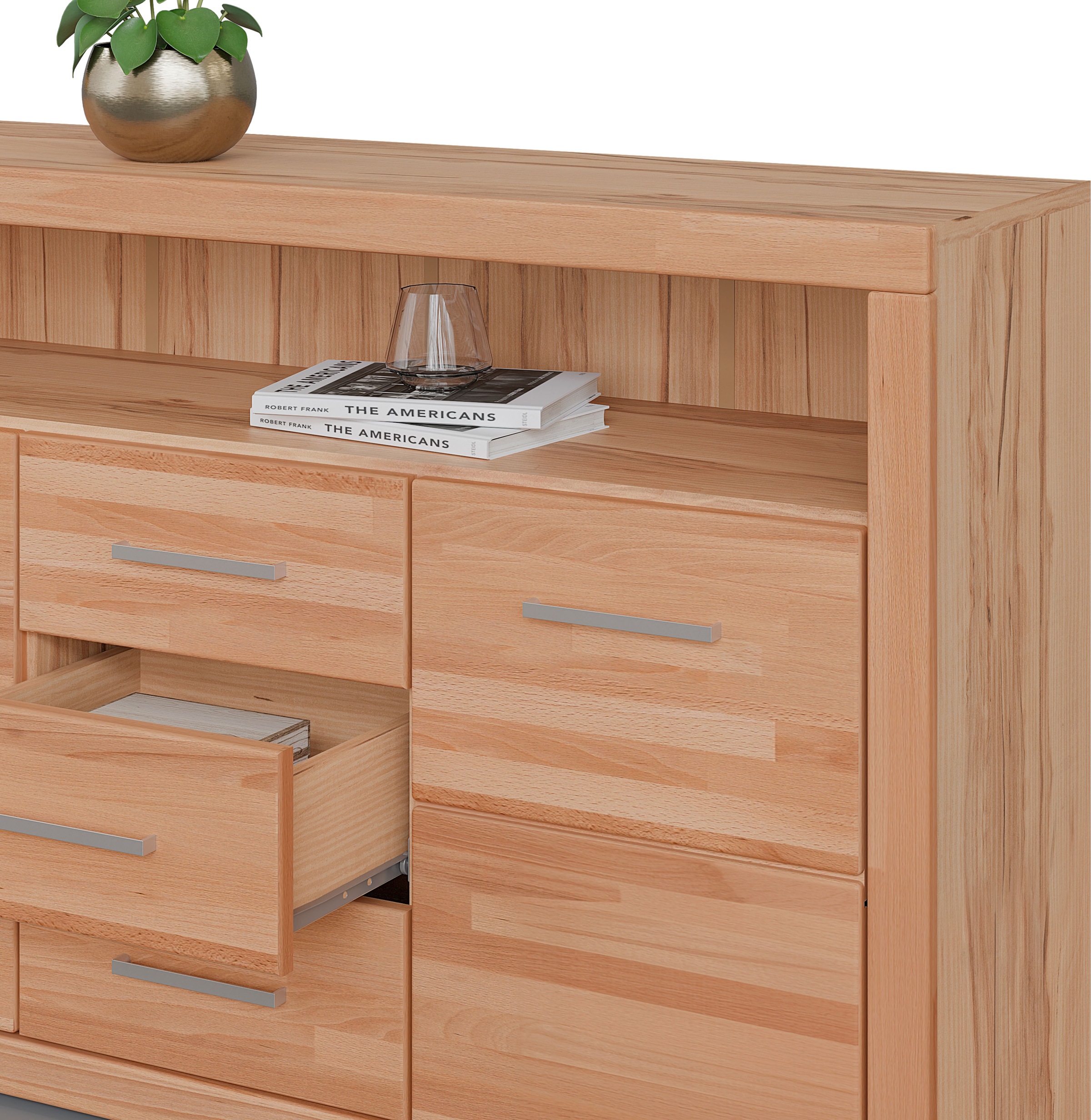 OTTO home Sideboard »Ribe,130cm breit,80cm hoch,Oberplatte Holz massiv,6 Fächer« Holz massiv, Holzwerkstoff, Metall Griffe,2 Türen,3 Schubladen