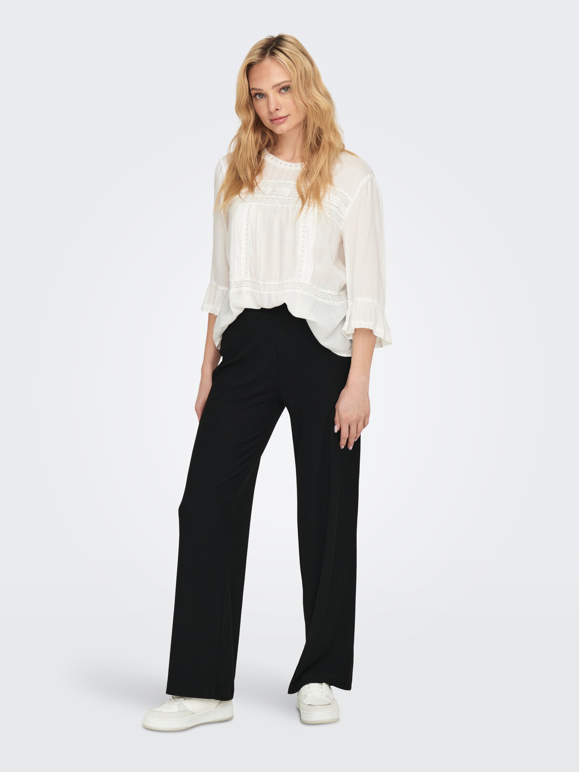 Jerseyhose ONLY "ONLEMMA – Weite Hose mit Gummizug und softer Ripp-Qualität", Damen, Gr. XS (34), N-Gr, schwarz, Jersey, Obermaterial: 65% Polyester, 30% Viskose, 5% Elasthan, unifarben, weit knöchellang, Hosen Jerseyhose, weiter Schnitt, elastischer Bund 9