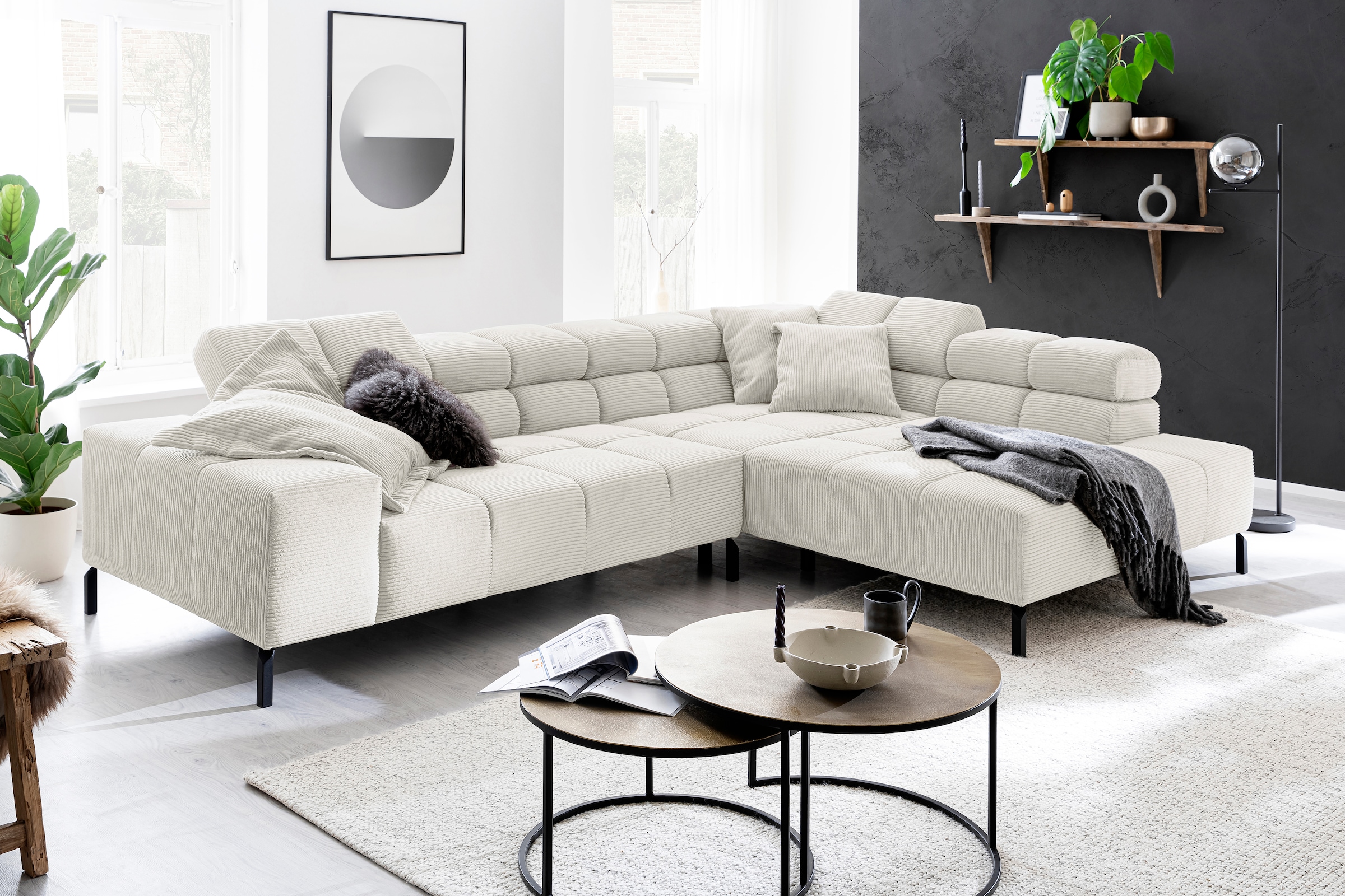 Home affaire Ecksofa "Ancona New, wahlweise motorische Sitztiefenverstellung, auch in Cord" feine Steppung, mit Kopfteilverstellung, 3 Zierkissen, L-Form
