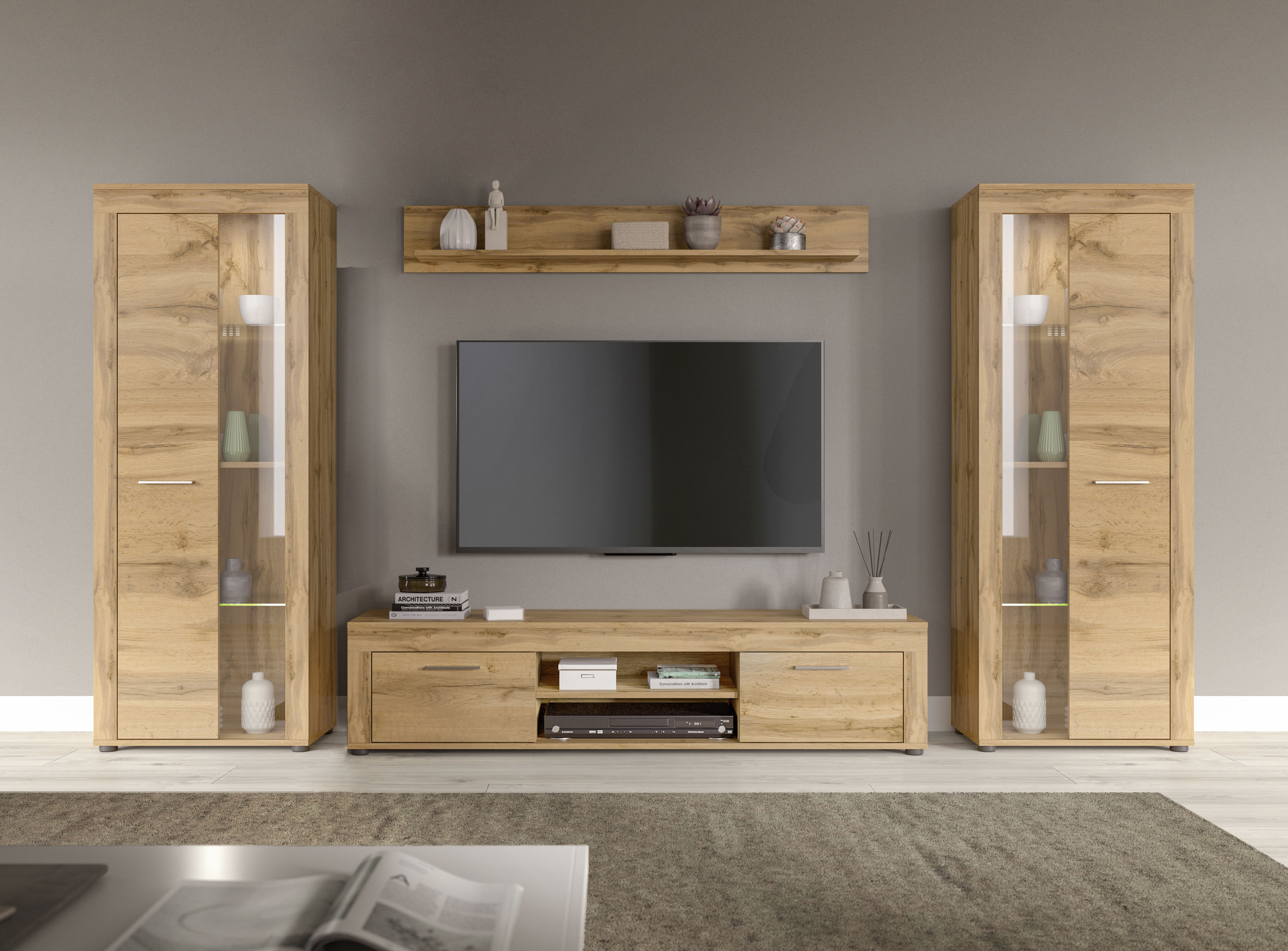 OTTO home Wohnwand "AOSTA, Breite 310cm, 4-teilige Wohn-Kombination" bestehend aus: 2x Vitrine, Lowboard, Wandboard