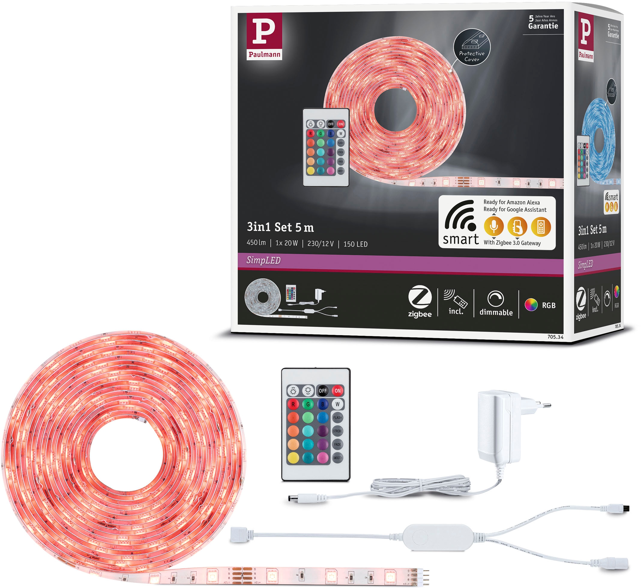 PAULMANN LED-Streifen "SimpLED Stripe Set 5m 230/12V DC Weiß Metall Kunststoff", Flammen 1 Stk., weiß, Küche, Lichterketten, RGB Zigbee