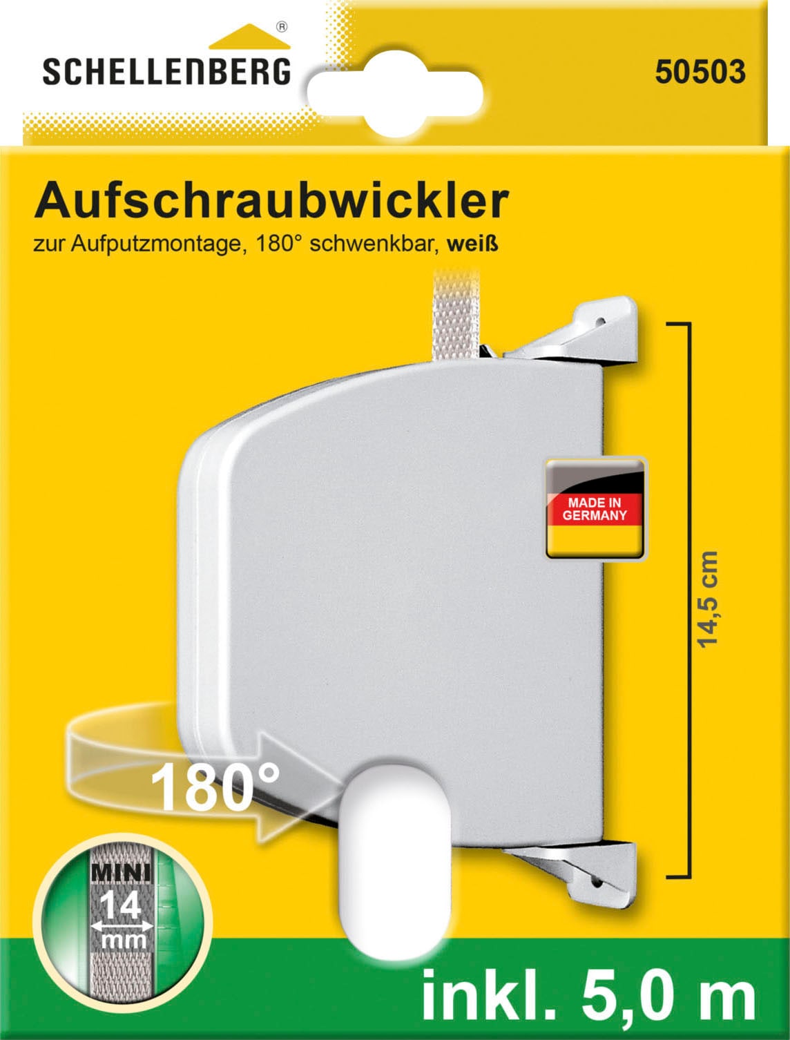 SCHELLENBERG Aufputz-Gurtwickler »Aufschraubwickler Mini«, (1 tlg.), Aufschraubwickler mit 5mx14mm Rollladengurt, schwenkbar, weiß