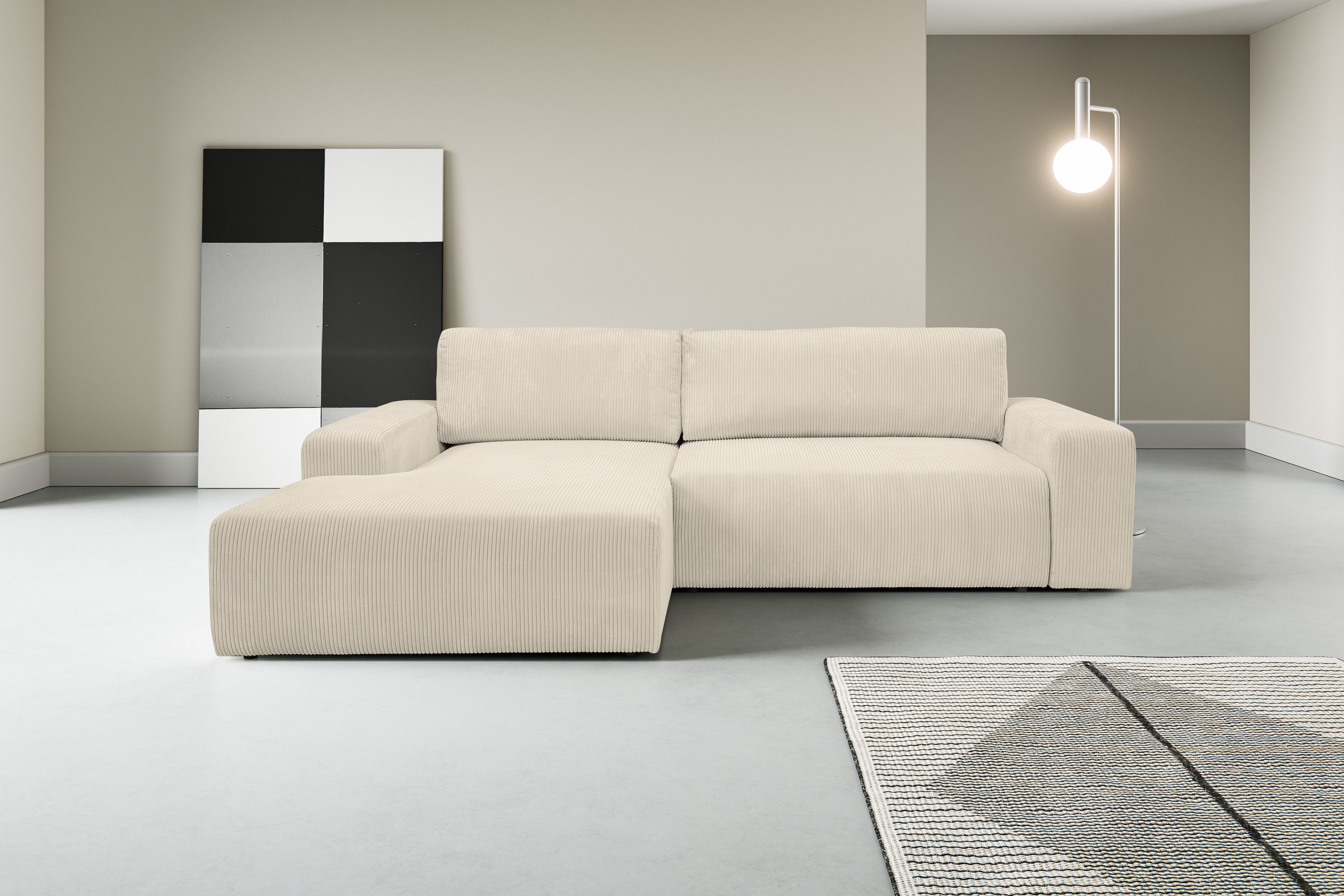 WERK2 Ecksofa "Rotterdam-L 267 x 165 cm modern und bequem" Cord, L-Form, Schlaffunktion, Bettkasten