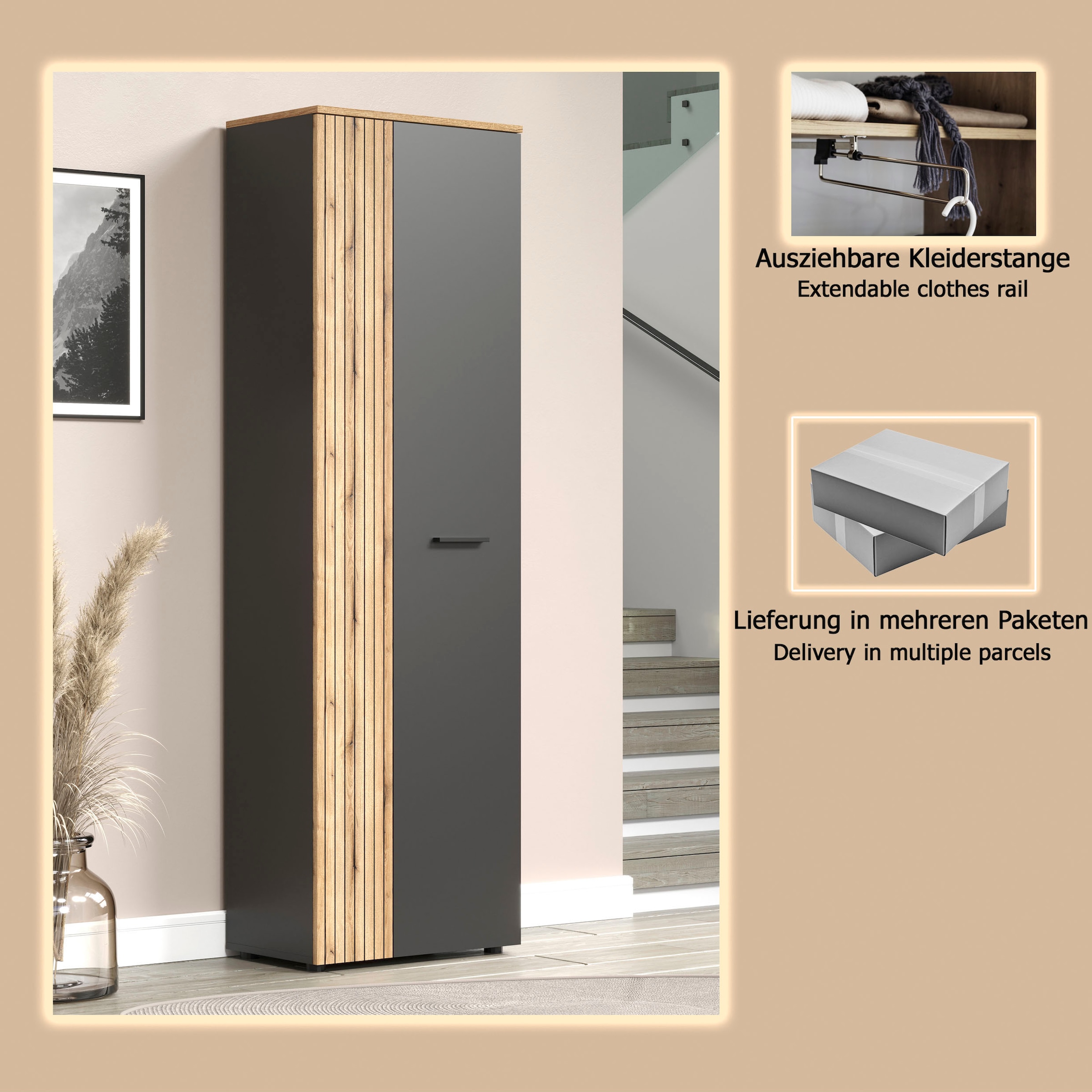 Home affaire Garderobenschrank »Estepona« 1 Stk. tlg. Flurschrank mit 2 Türen & 1 Kleiderstange – (B/T/H) 60/36/195 cm