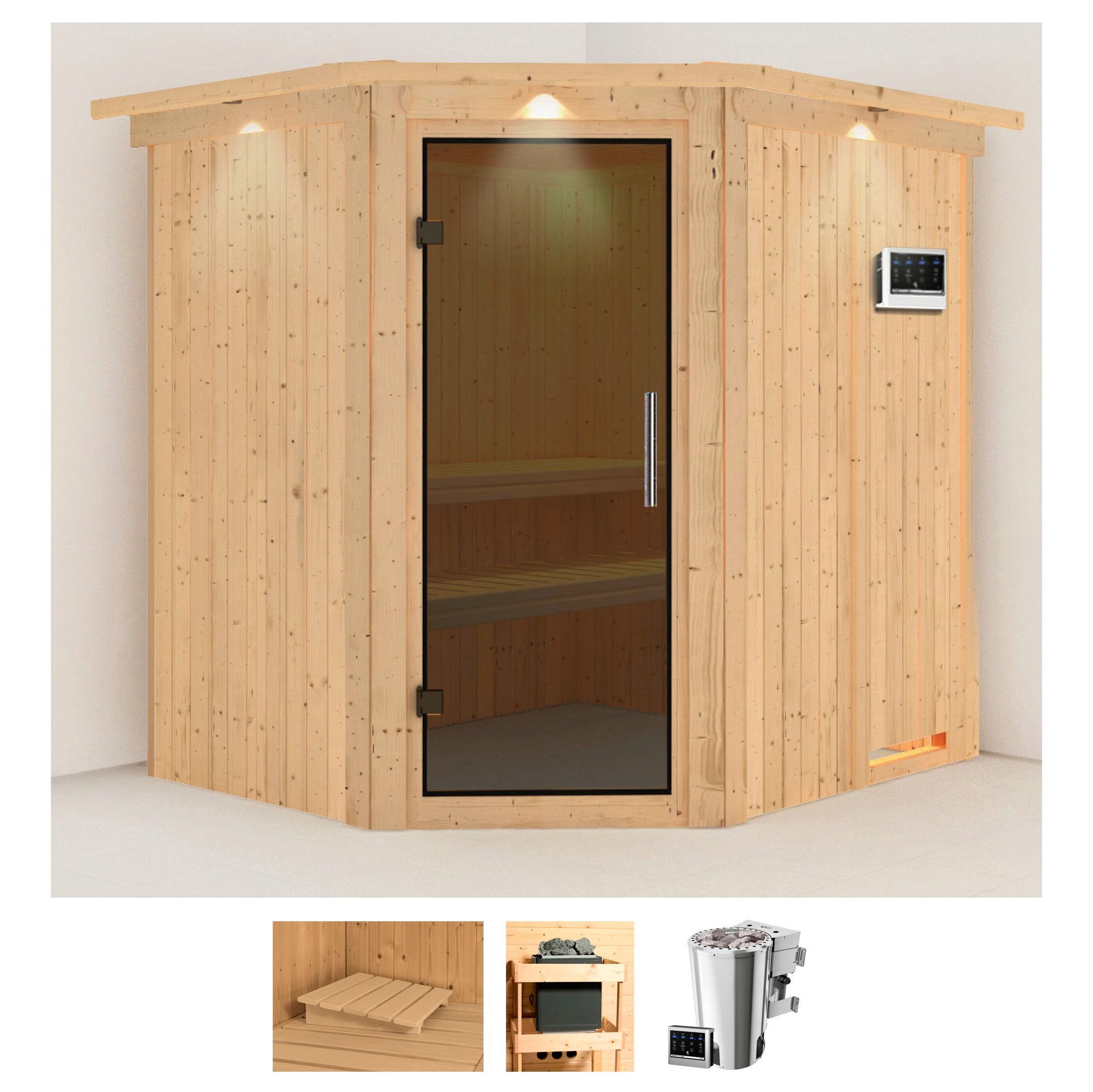 Karibu Sauna "Laila" Set, 3,6-kW-Bio-Plug & Play Ofen mit externer Steuerung