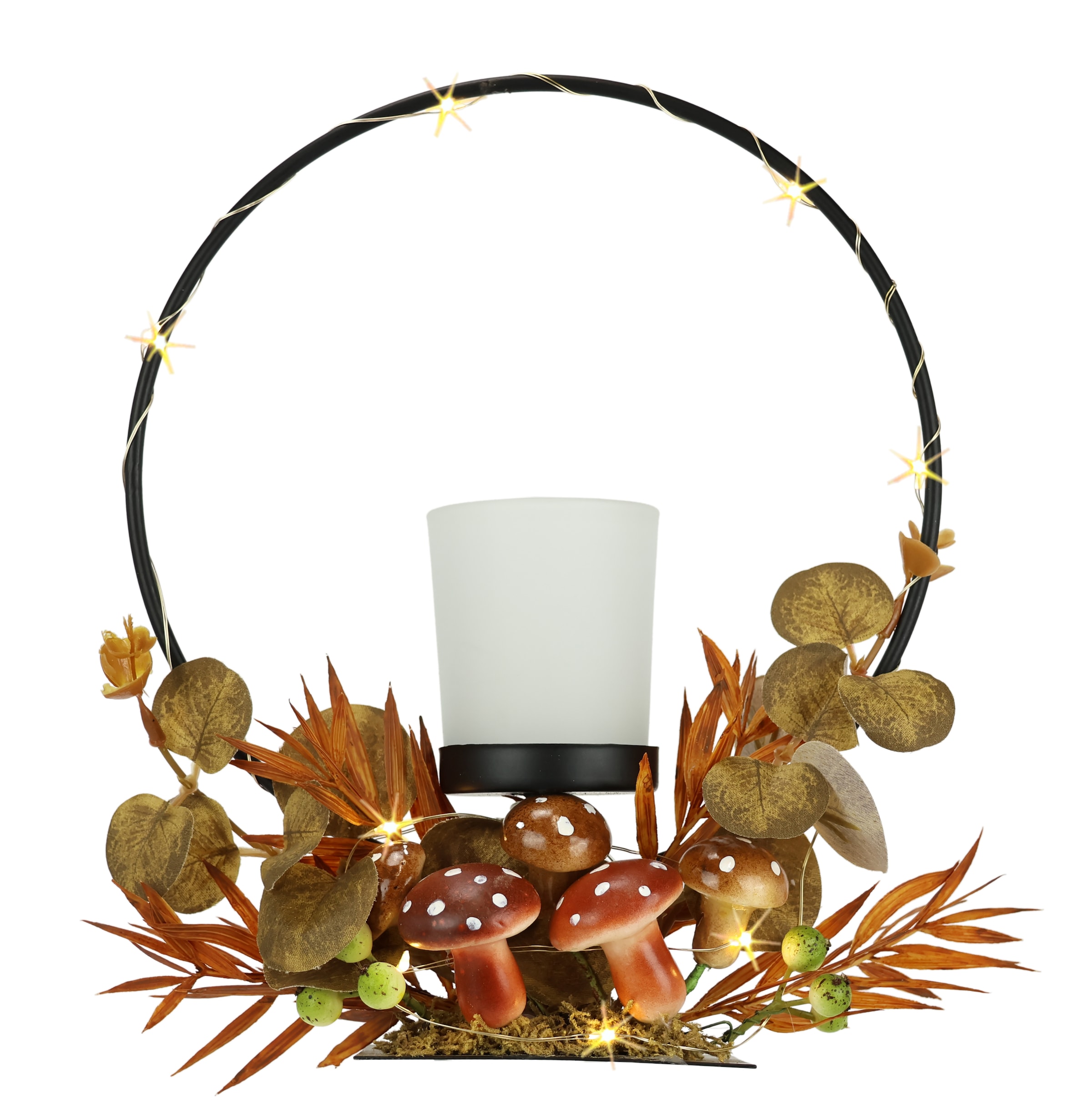 I.GE.A. Teelichthalter "Teelichthalter mit Metall-Bogen LED-Licht" Herbstlich dekoriert Herbstlaub Eukalyptus Teelicht-Glas
