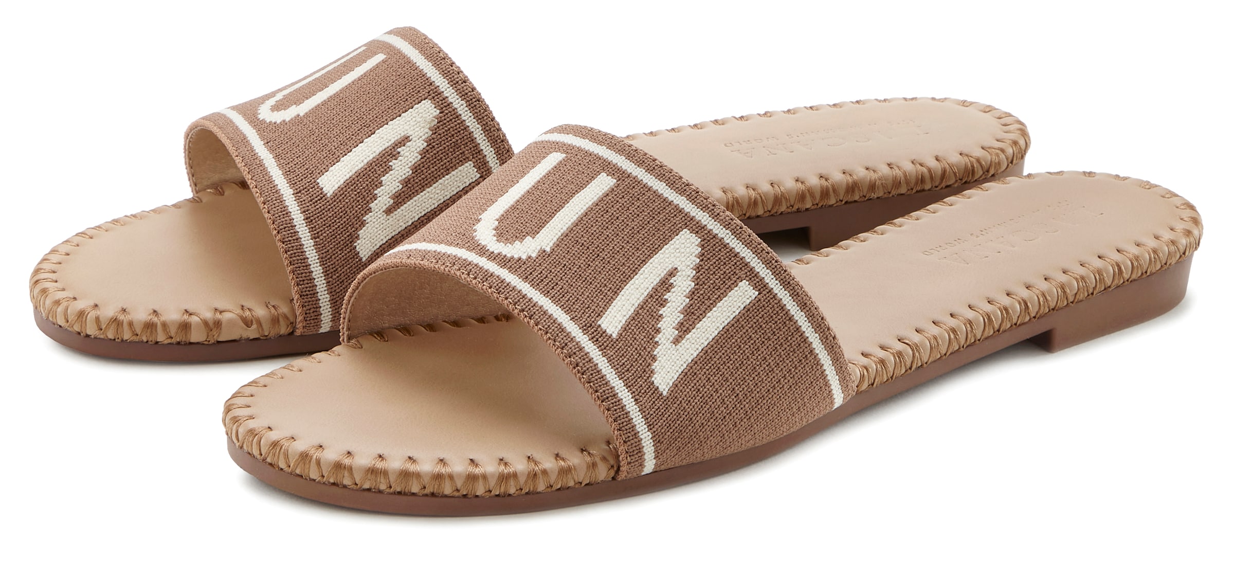 Pantolette, Mule, Sandale, offener Schuh aus Textil mit modischem Schriftzug VEGAN