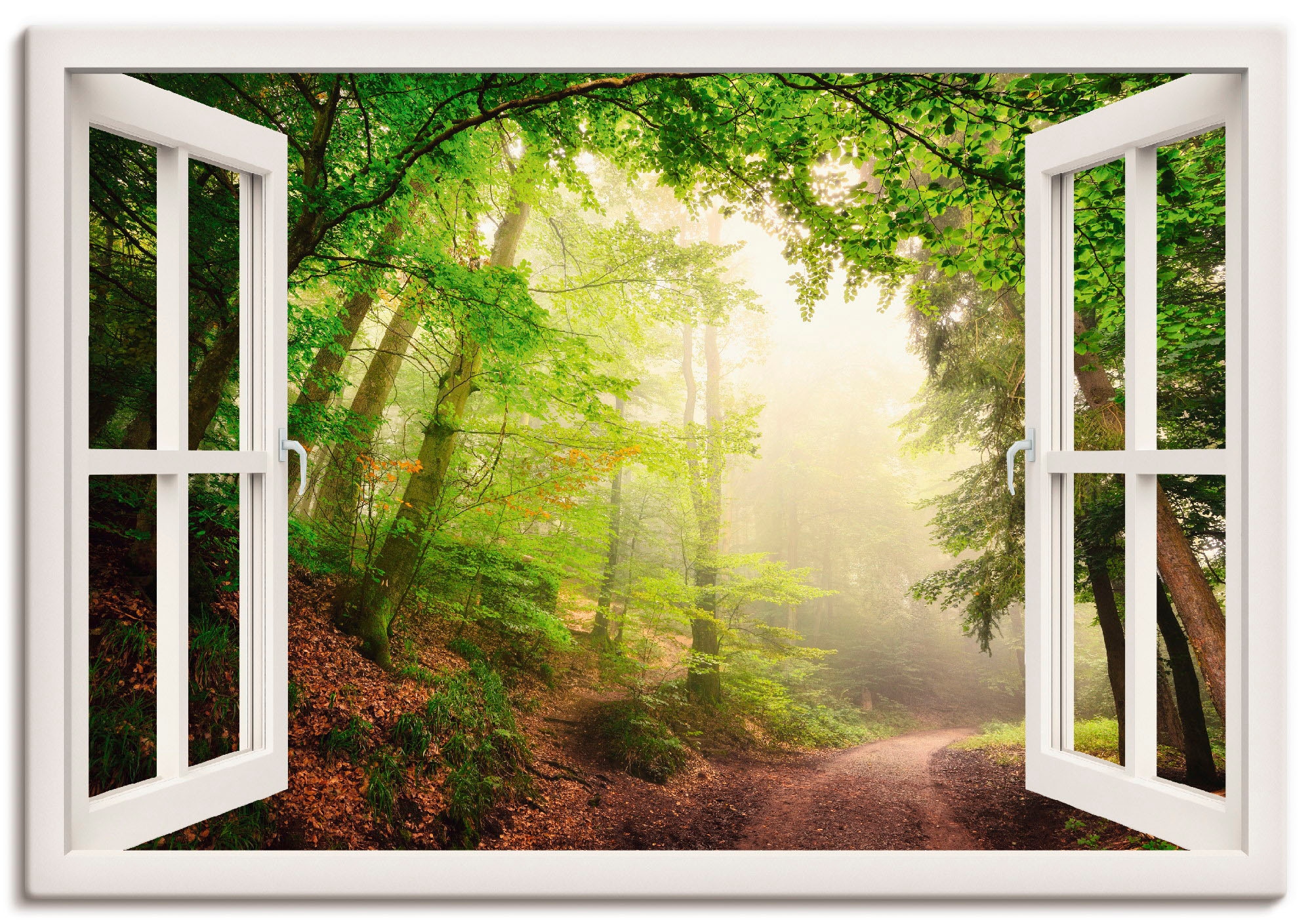 »Fensterblick versch. | bestellen Leinwandbild, Wandaufkleber St.), oder Artland Wandbild Poster BAUR in Wald, Torbögen als (1 Alubild, Größen Bäume«, durch