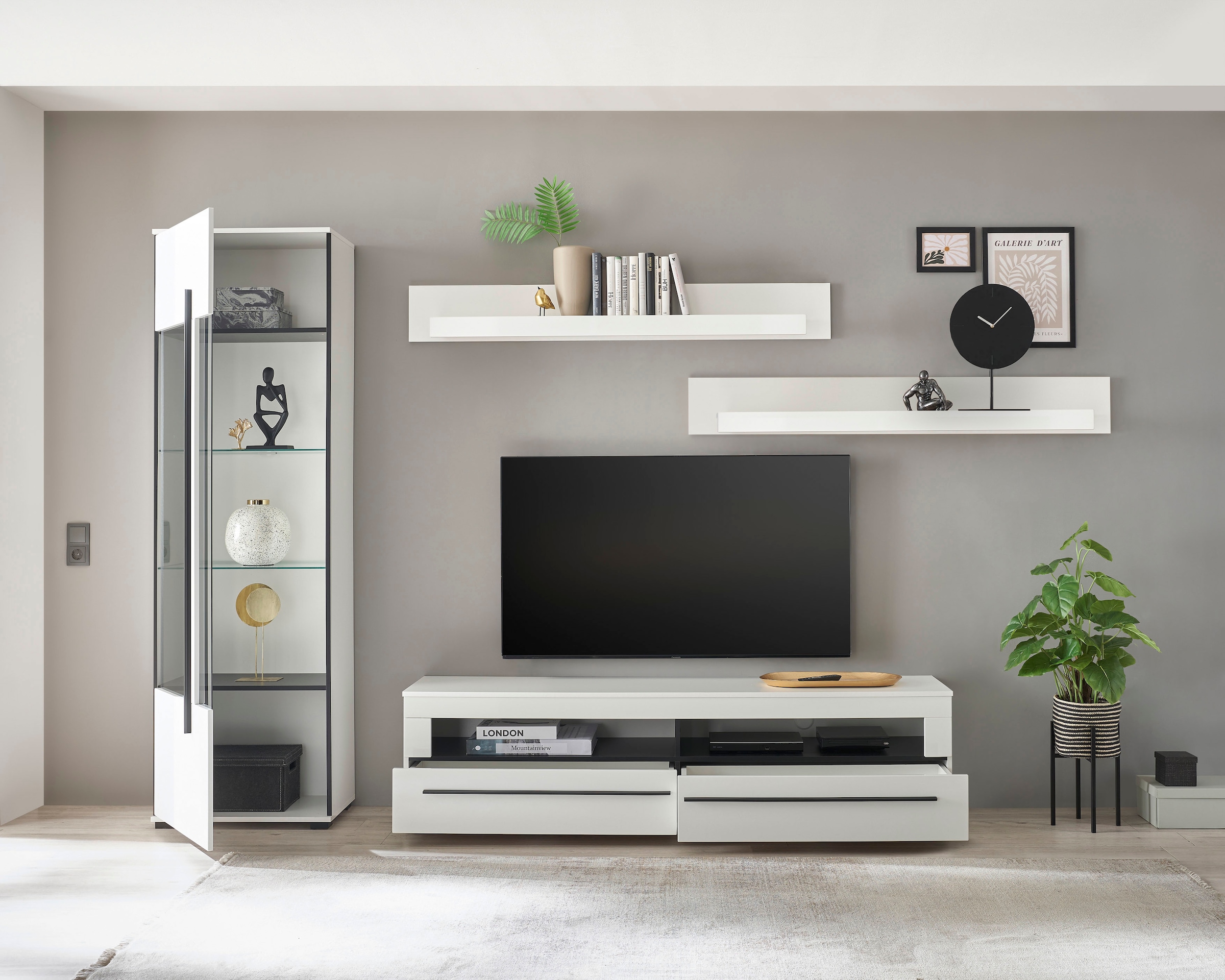 INOSIGN Wohnwand »Cantara, moderne Anbauwand, Wohnzimmer-Set, in Eiche Evoke oder Weiß«, (Set), enthält eine Vitrine, ein Lowboard und zwei Wandboards