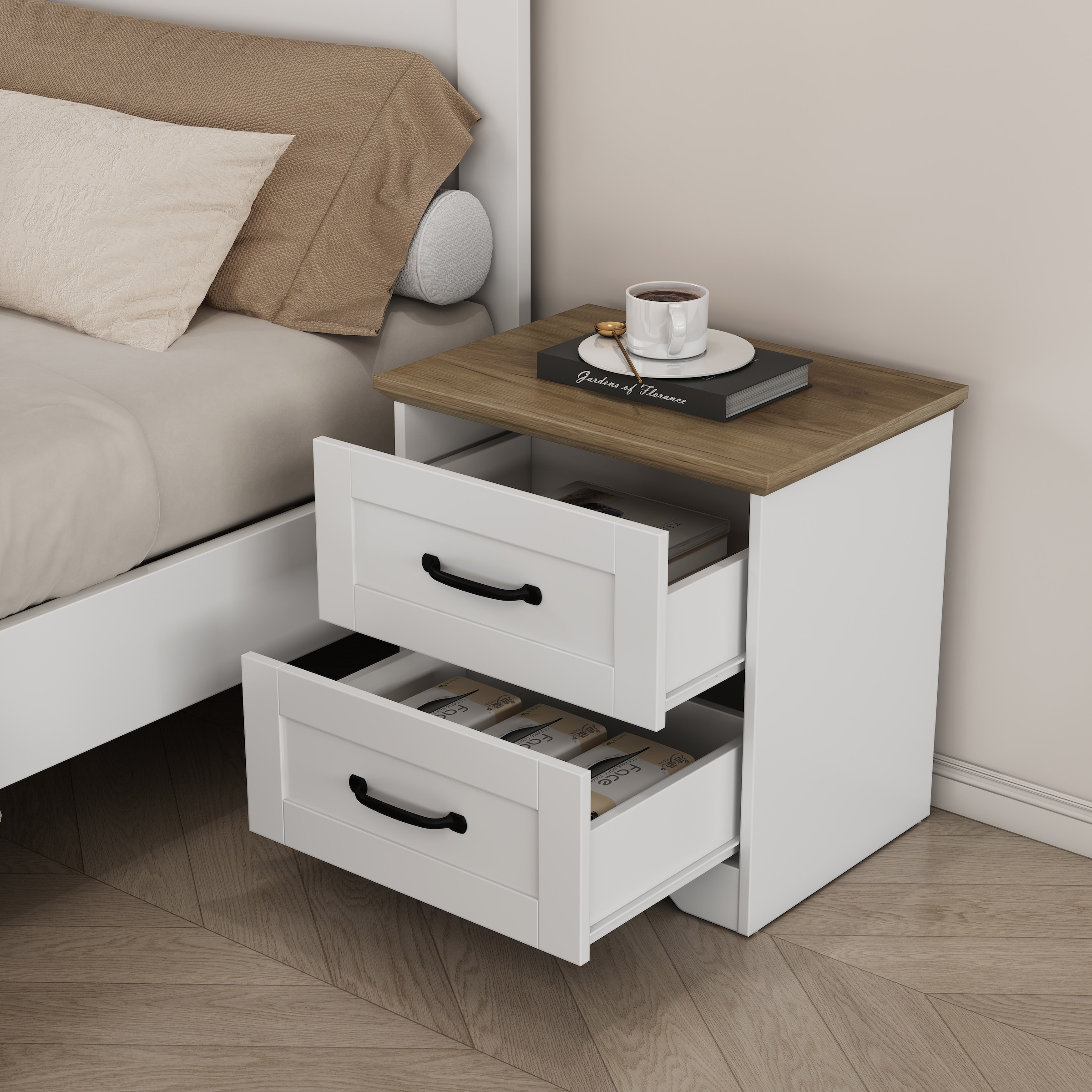 OTTO home Nachtkommode »Emmilia Nachttisch Set im Landhaus Design« Schlafzimmer Kommoden Nachschrank im 2er Set, 2 Stk. tlg. 2 Schubladen je Nachttisch - viel Stauraum im Schlafzimmer