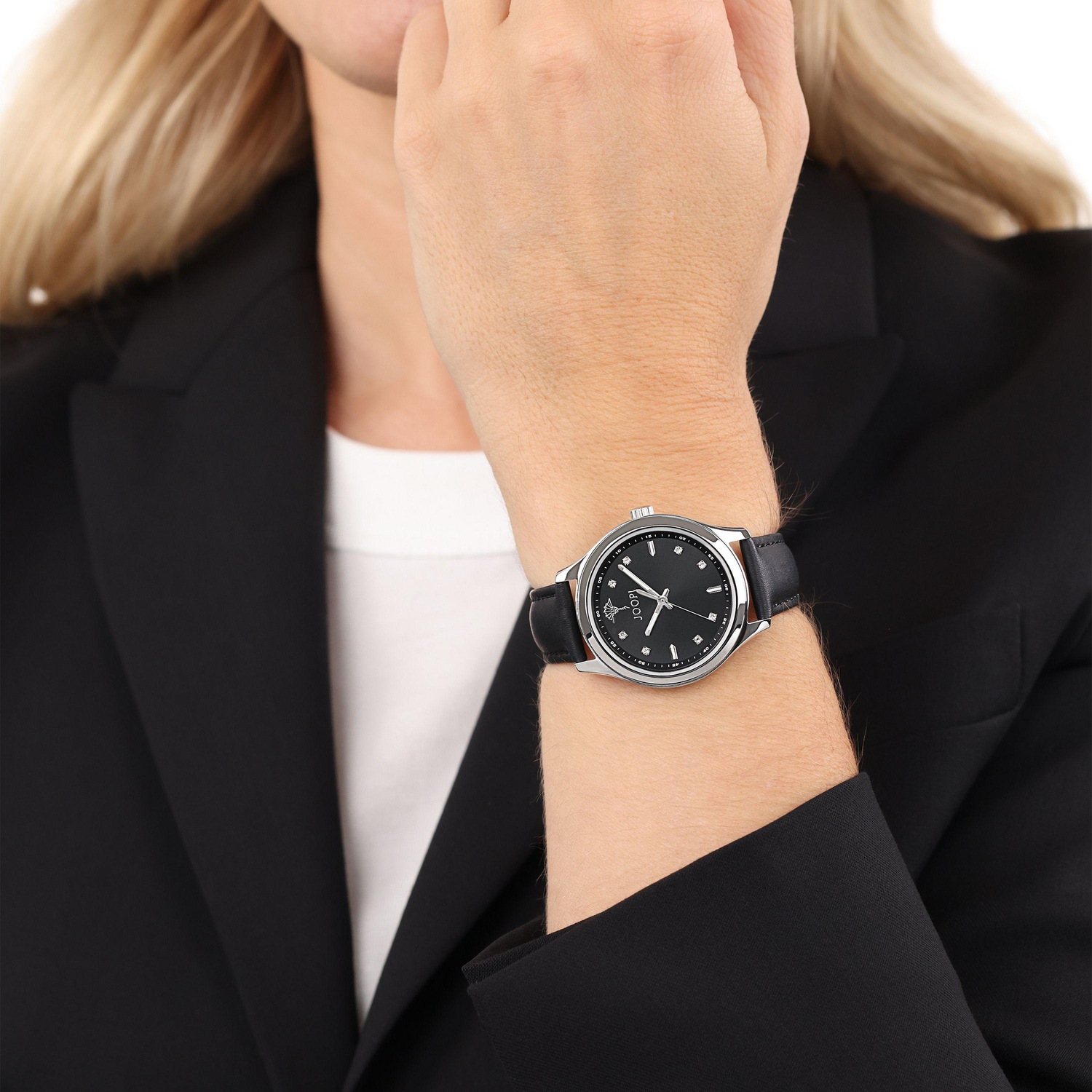 JOOP! Quarzuhr Armbanduhr, Damenuhr, Lederarmband, analog, Kristallsteine