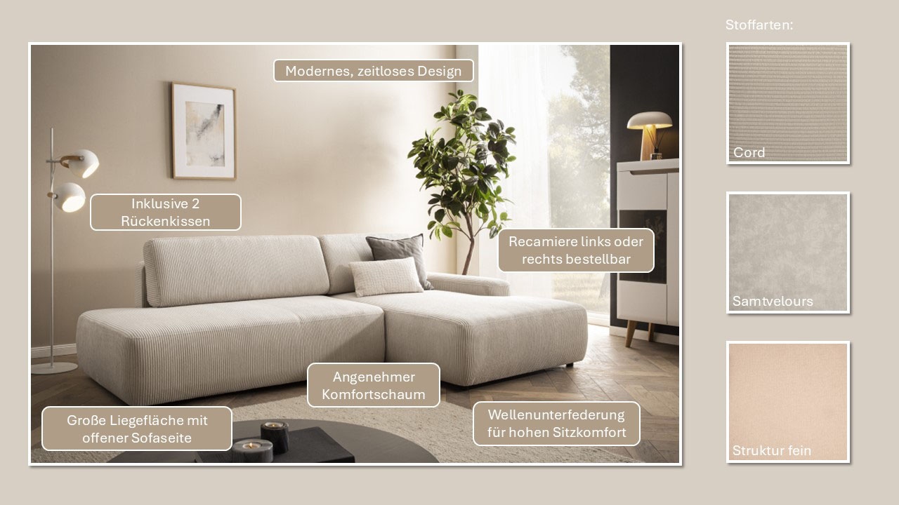 INOSIGN Ecksofa »TORGE, Schlafsofa Cord, Samtvelours u. Strukur fein, Couch in L-Form«, Schlaffunktion und Bettkasten, Liegefläche: 210x125 cm, neues Design