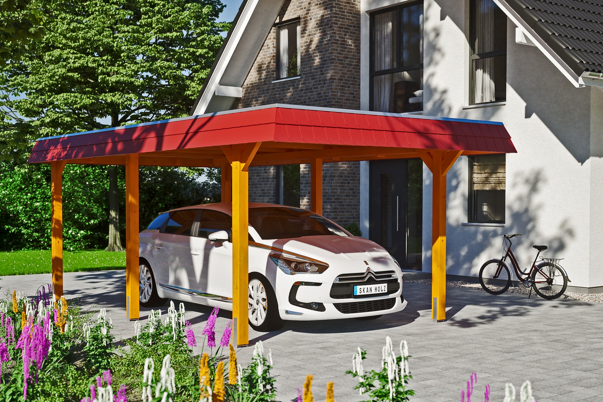 Skanholz Einzelcarport »Wendland«, Leimholz-Fichte, 291 cm, Eiche hell, mit Aluminiumdach, rote Blende