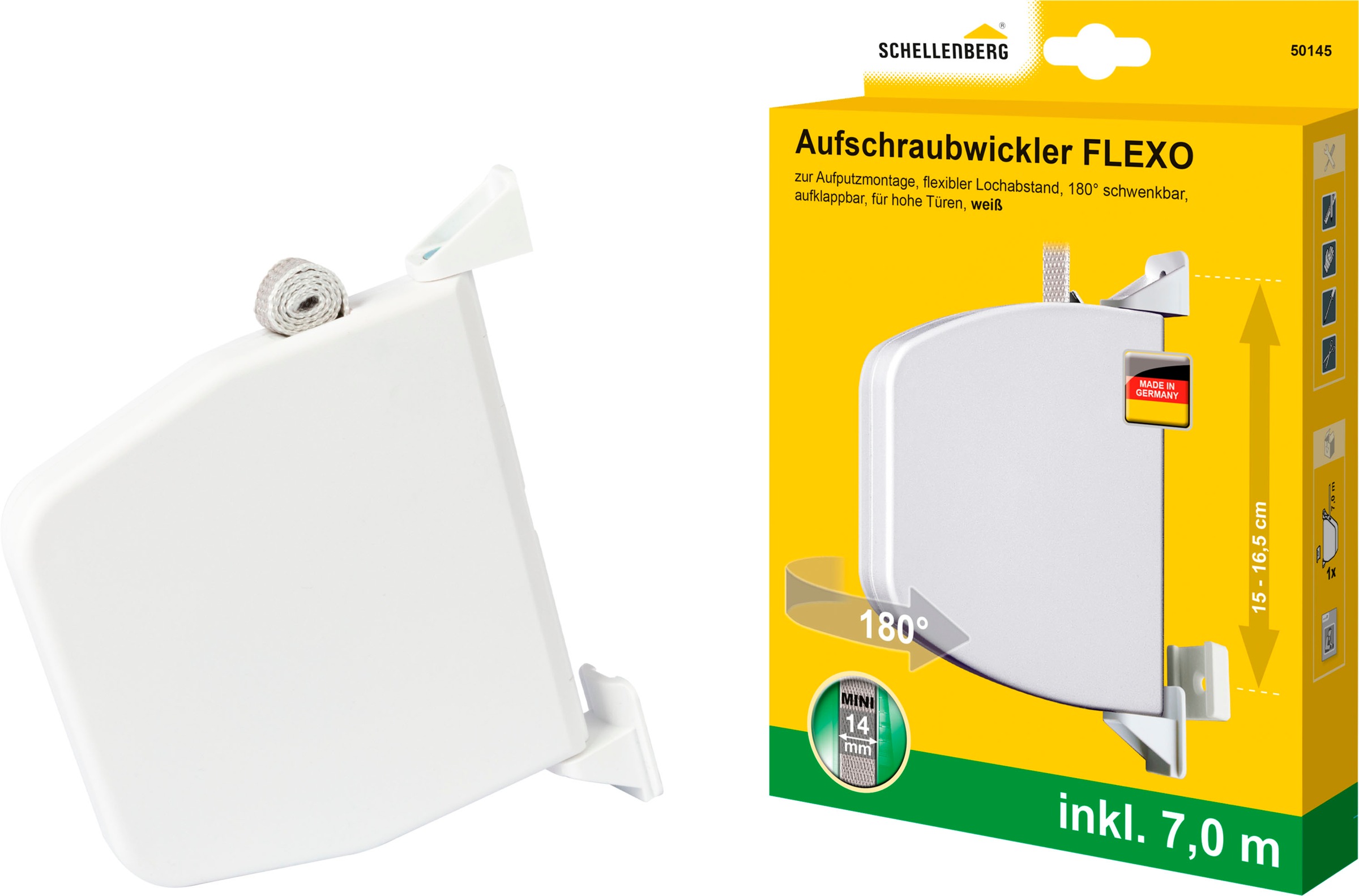 SCHELLENBERG Aufputz-Gurtwickler "Minisystem, Flexo Aufschraubwickler inkl. 7 m Gurtband" 1 Stk. tlg. Gurtwickler schwenkbar um 180