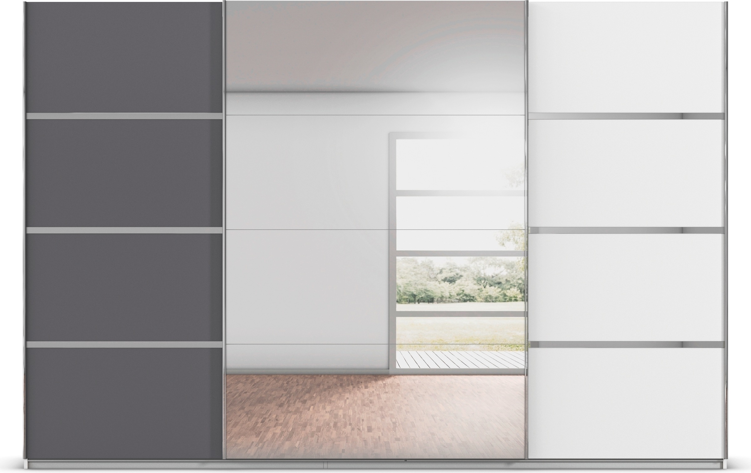 rauch Kleiderschrank »Schwebetürenschrank OTTO´s Choice Garderobe Schrank TOP ANGEBOT Avola«, (in 3 verschiedenen Ausstattungen BASIC/CLASSIC/PREMIUM inkl. Spiegel), mit eleganten Zierleisten in Chrom, Schwarz oder Weiß MADE IN GERMANY
