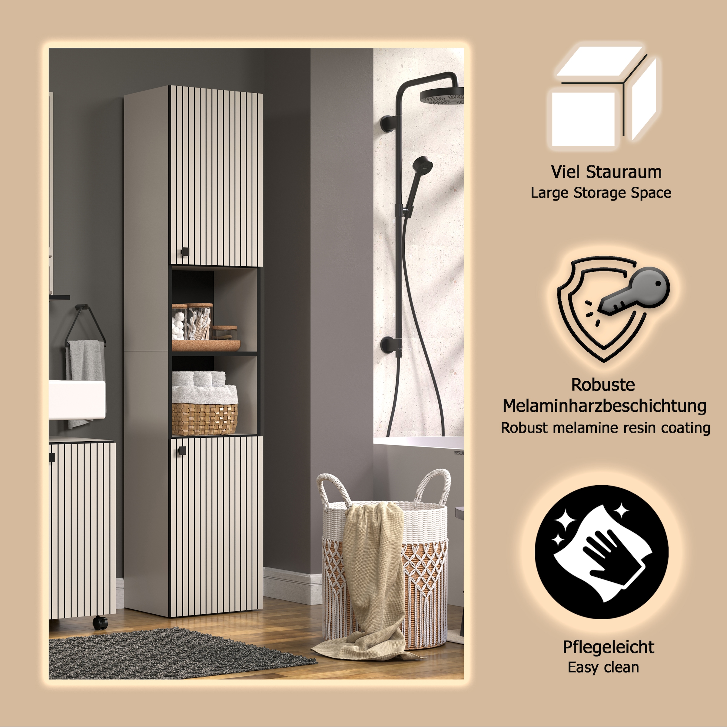 welltime Hochschrank »Amrum«, Badezimmerschrank mit und ohne Schublade - (B/T/H) 40-70/31/186 cm