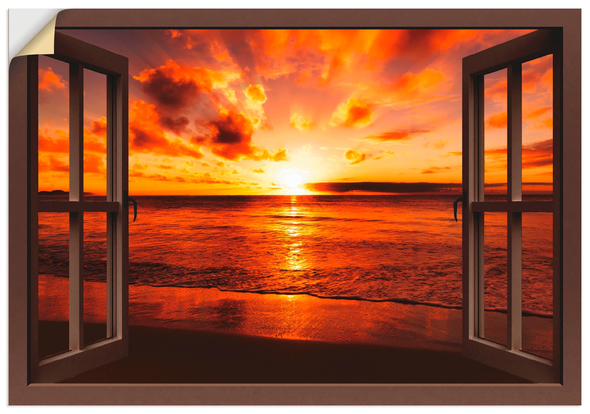 Artland Wandbild "Fensterblick Sonnenuntergang am Strand", Fensterblick, (1 St.), als Leinwandbild, Poster, Wandaufklebe