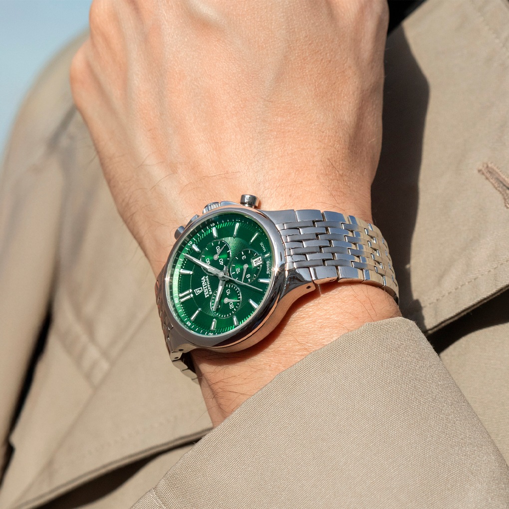 Festina Chronograph »Chrono« Quarzuhr, Armbanduhr, Herrenuhr, Swiss Made, Edelstahlarmband, analog