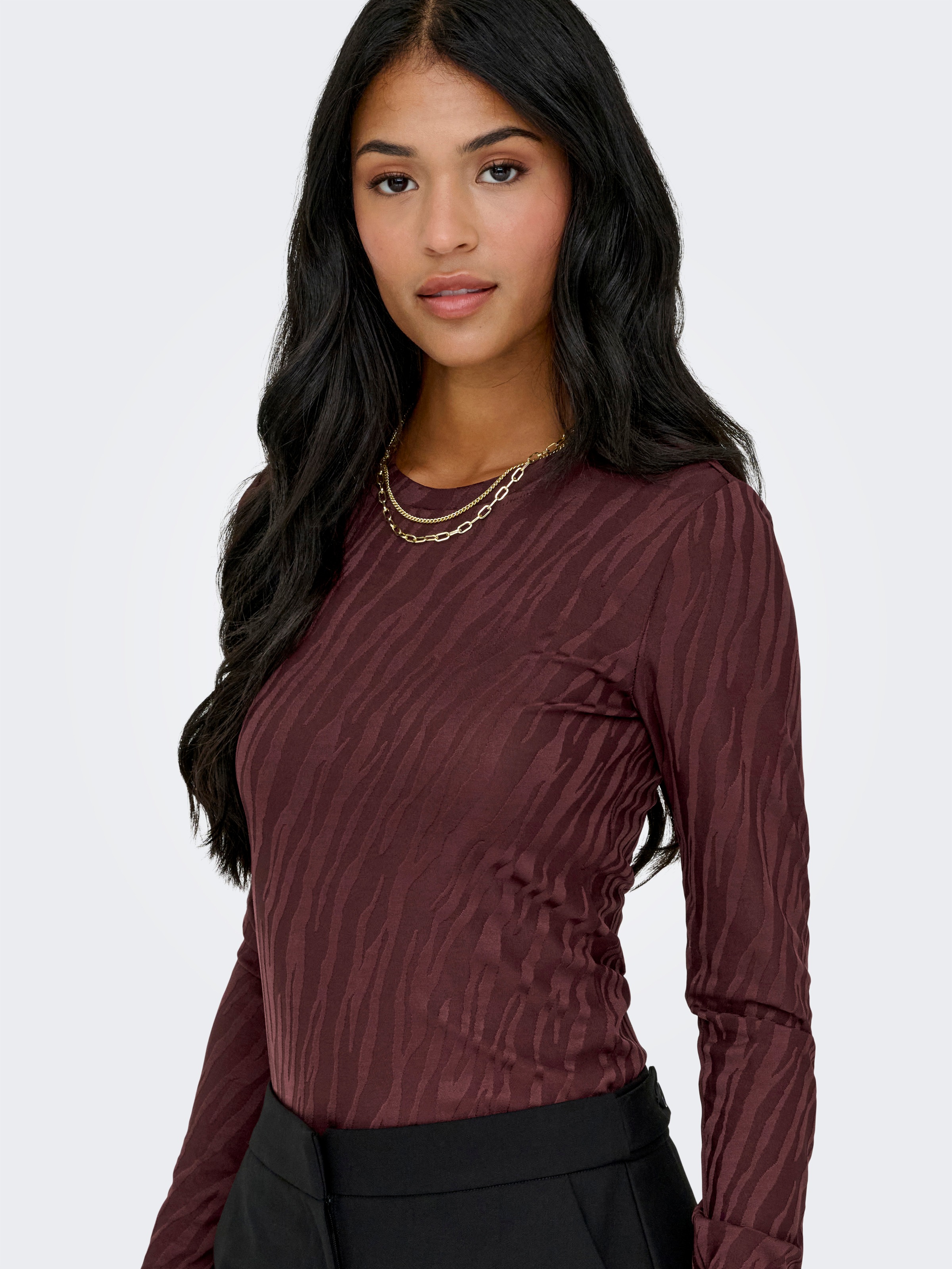 Langarmshirt ONLY "ONLZELE L/S ROUNDNECK TOP JRS", Damen, Gr. S, decadent chocolate aop:jose zebra, Jersey, Obermaterial: 95% Polyester, 5% Elasthan, bedruckt, slim fit normal, Rundhals, Shirts Langarmshirt 3