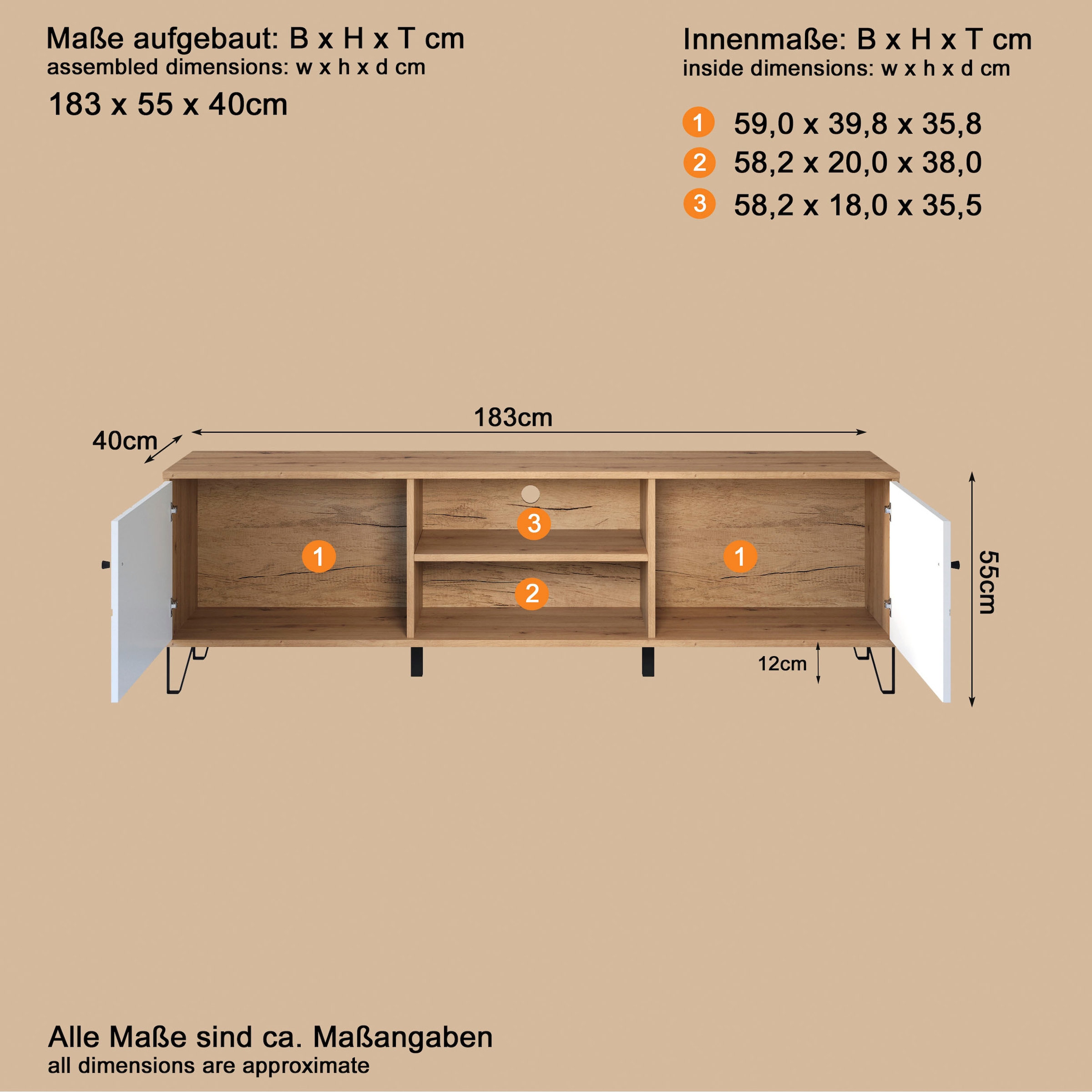 Places of Style Lowboard »Tarragona TV-Kommode«, TV-Unterteil mit 2 Türen & 2 Fächern - (B/T/H) 183/40/56 cm