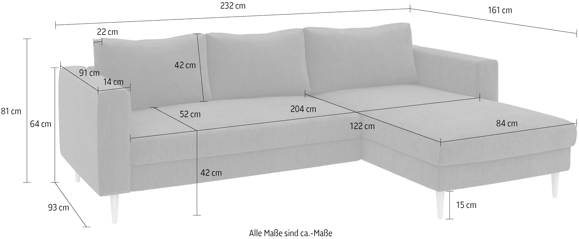 TRENDMANUFAKTUR Ecksofa »Amazing, Couch wahlweise mit Schlaffunktion & Bettkasten, auch in Cord« Recamiere beidseitig montierbar, Sofa in L-Form, 232 cm