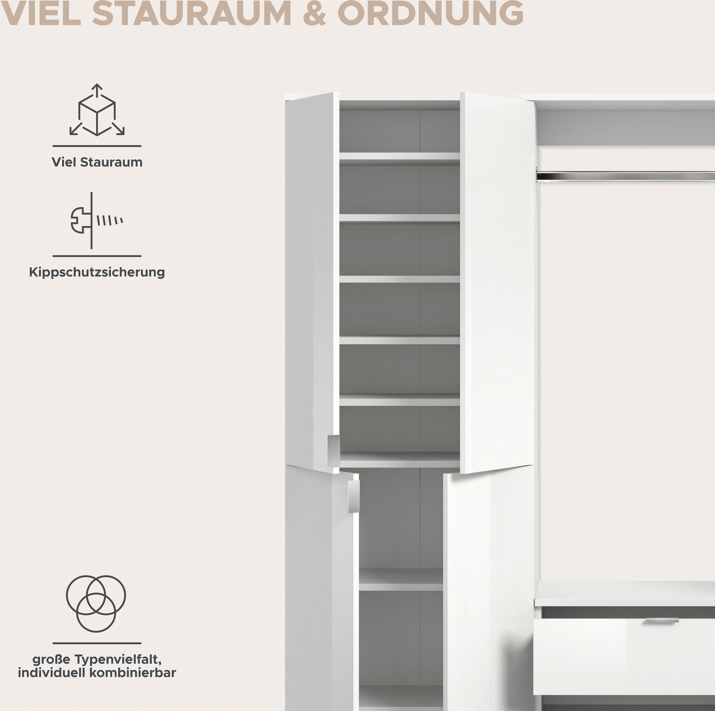 INOSIGN Garderoben-Set »Trondheim, Breite 152 cm, 5-teilig, bestehend aus:«, (Set, 4 St.), 2x Garderobenschrank, 1 Kommode, 1 Garderobenstange, 1 Ablageboden