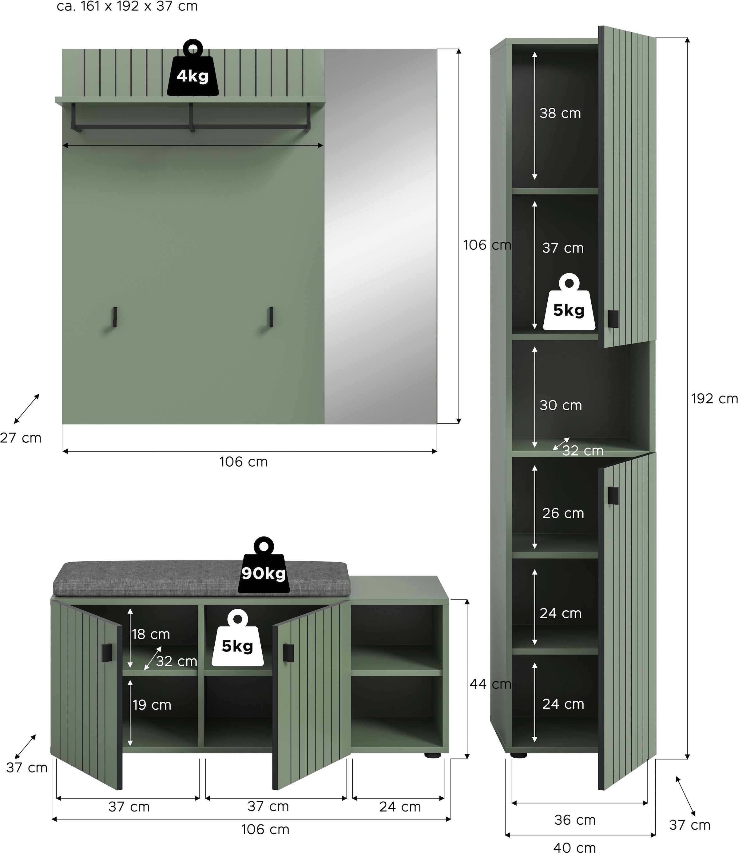 INOSIGN Garderoben-Set »TATIO, 4-tlg. Garderobenkombination, Breite: 161 cm, Rillenfräsung« Set, Set, best. aus: 1 Paneel, 1 Garderobenschrank,1 Sitzbank,1 Sitzkissen, 4 Stk. tlg.