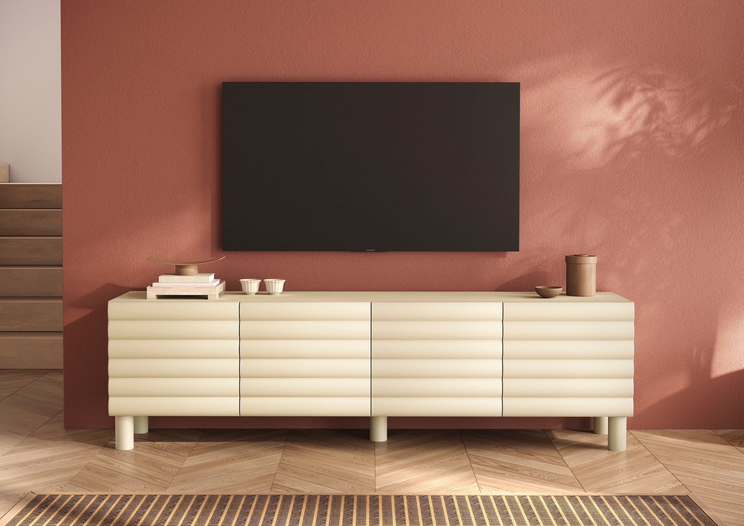 OTTO home Lowboard "Adria, 202 cm breit, 4 Türen, Mediaboard, TV-Schrank, TV-Board" Korpus Talco Spatolato, MDF-Fronten in 3D-Design, viel Stauraum