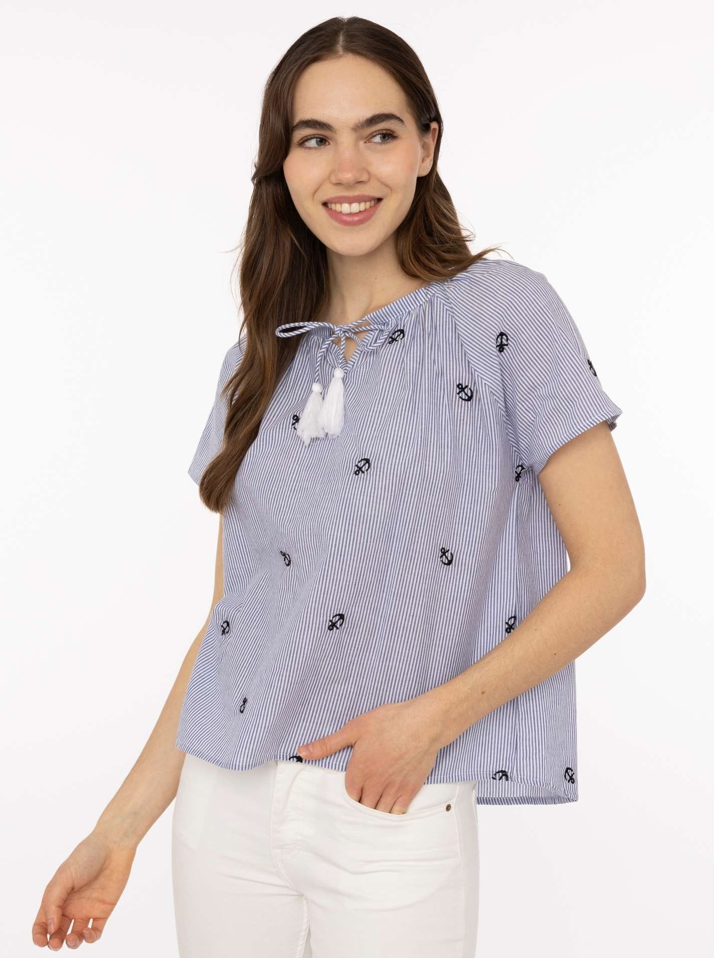 Zwillingsherz Kurzarmbluse »"Stripe & Stitch"« Kurzarm, mit Stickerei, Tunnelzug und Tasseln