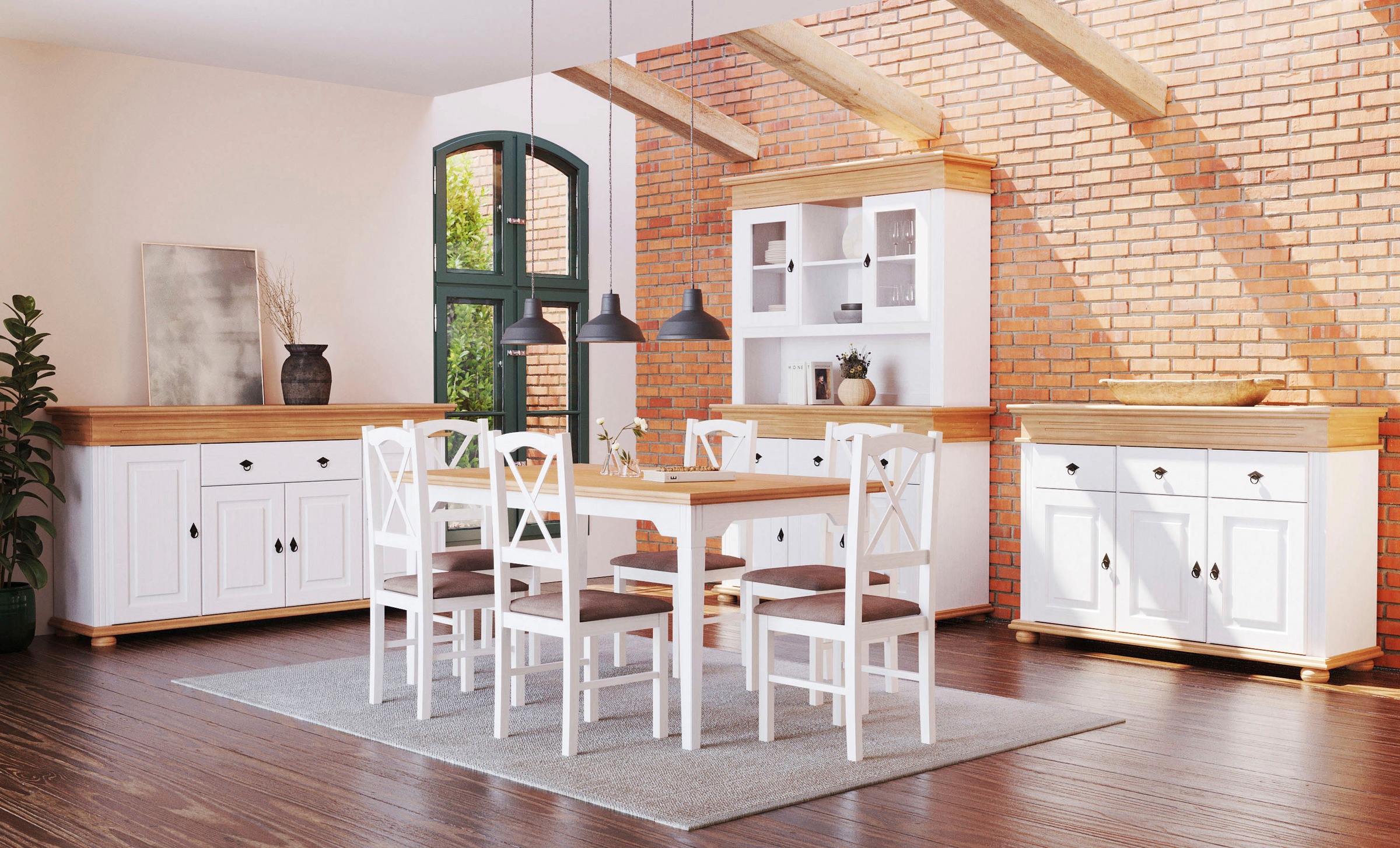 Inter Link Buffet »Halmaro, Kiefer Massivholz, Weiss/Braun-Oak, 141 x 46,30 x 213 cm« 1 Stk. tlg. Vitrine im Laudhausstil, Küchenschrank mit Glastüren, viel Stauraum