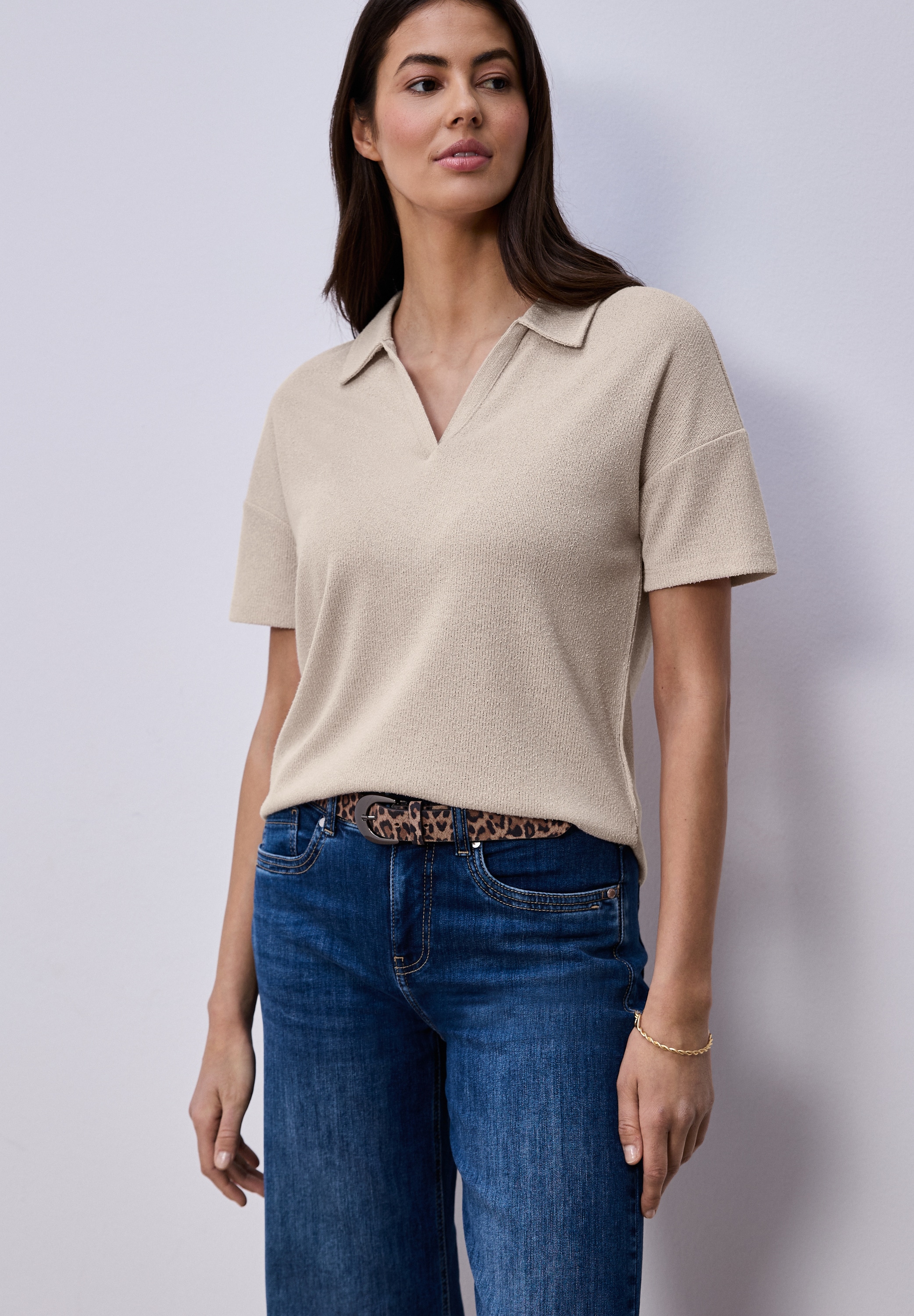 Poloshirt STREET ONE, Damen, Gr. 40, clay sand, Jersey, Obermaterial: 50% Viskose, 47% Polyester, 3% Elasthan, unifarben, regular fit normal, ohne Ausschnitt, Shirts, mit Stretchanteil