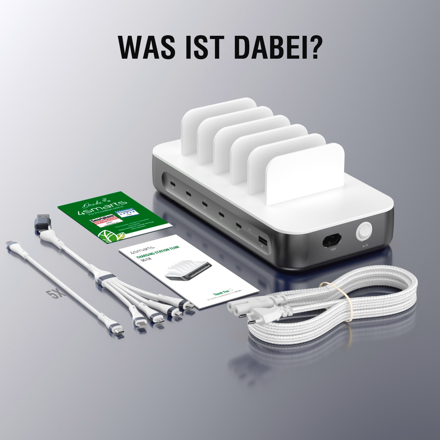4smarts USB-Ladegerät »Team 100W 5x USB-C + 1x USB-A inklusive 6 Kabel«, bis zu 9 Geräte gleichzeitig laden