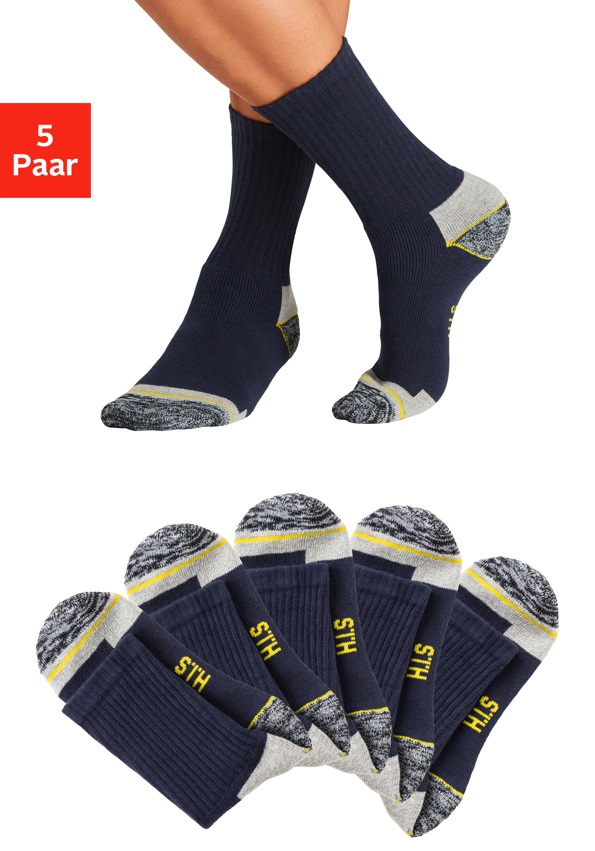 H.I.S Arbeitssocken "Herren für Arbeit und Sport; sportiv gemustert" Packung, 5 Paar tlg. mit Vollfrottee für komfortablen Sitz