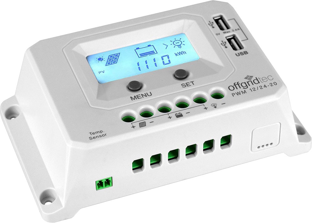 offgridtec Solarladeregler "PWM Pro Laderegler 12V/24V - 20A USB-Port", mit Verpolungsschutz, Integrierter Geräte-und Ba