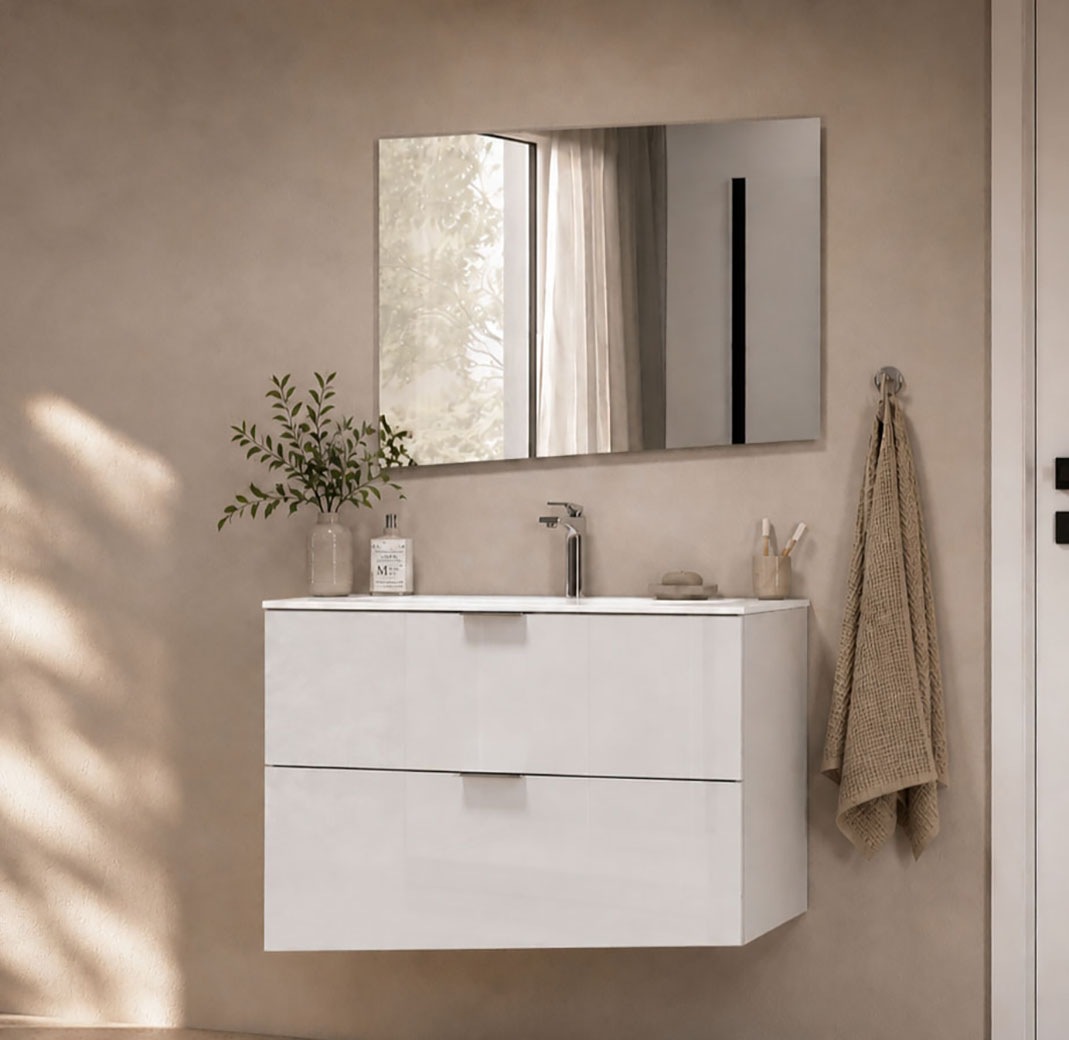 welltime Waschtisch »VELA, 82,3 cm breit, Hochglanz-Schubladen, Made in Italy« 1 Stk. tlg. Waschtischunterschrank, inkl. Waschbecken, schräge Design-Schublade