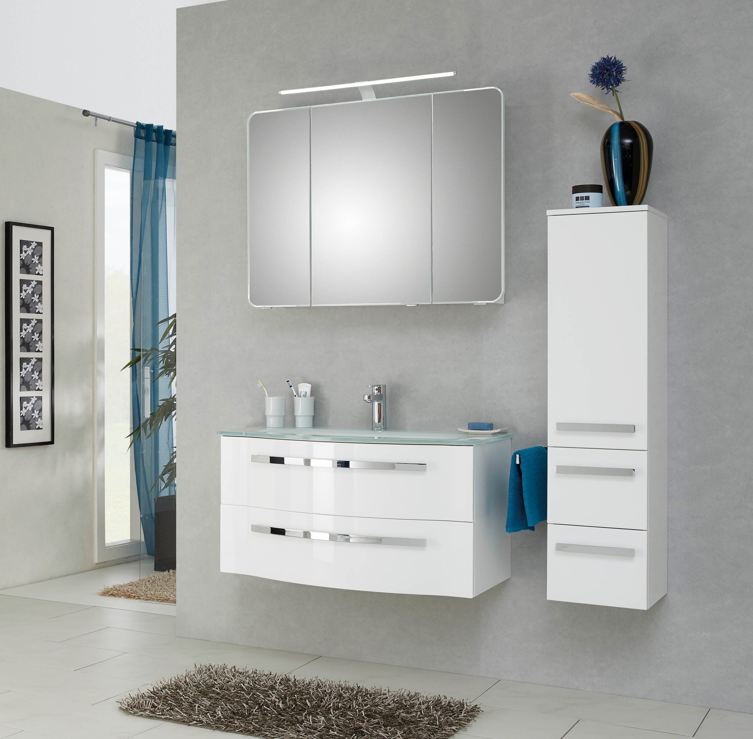 Saphir Midischrank »Serie 4005 Badschrank 30cm breit, 1 Tür, 2 Schubladen, inkl Türdämpfer«, 2 Glas-Einlegeböden, Badezimmer-Midischrank 121 cm hoch, 33 cm tief
