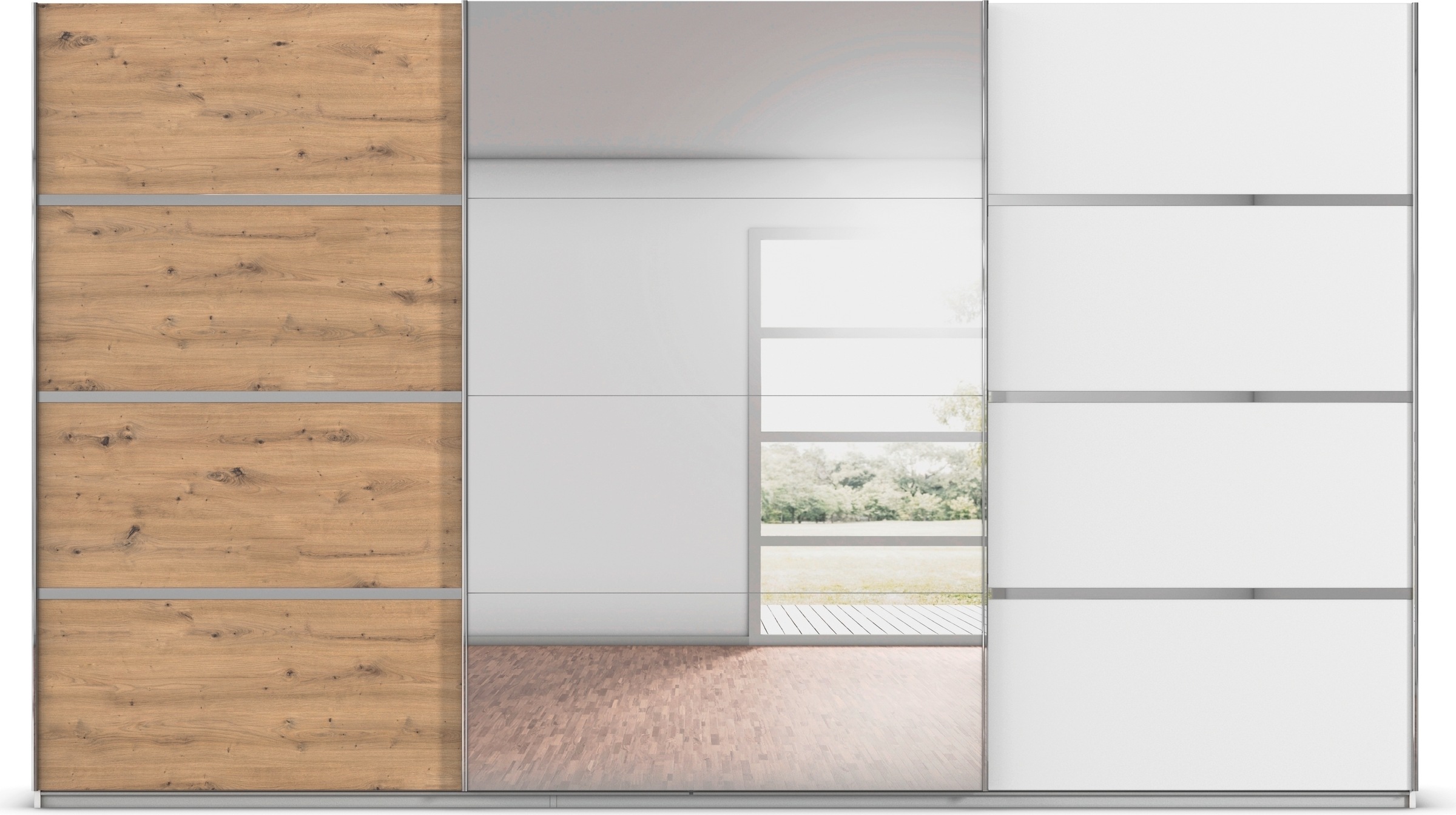 rauch Kleiderschrank »Schwebetürenschrank Garderobe Schrank TOP ANGEBOT Avola«, (in 3 verschiedenen Ausstattungen BASIC/CLASSIC/PREMIUM inkl. Spiegel), mit eleganten Zierleisten in Chrom, Schwarz oder Weiß MADE IN GERMANY