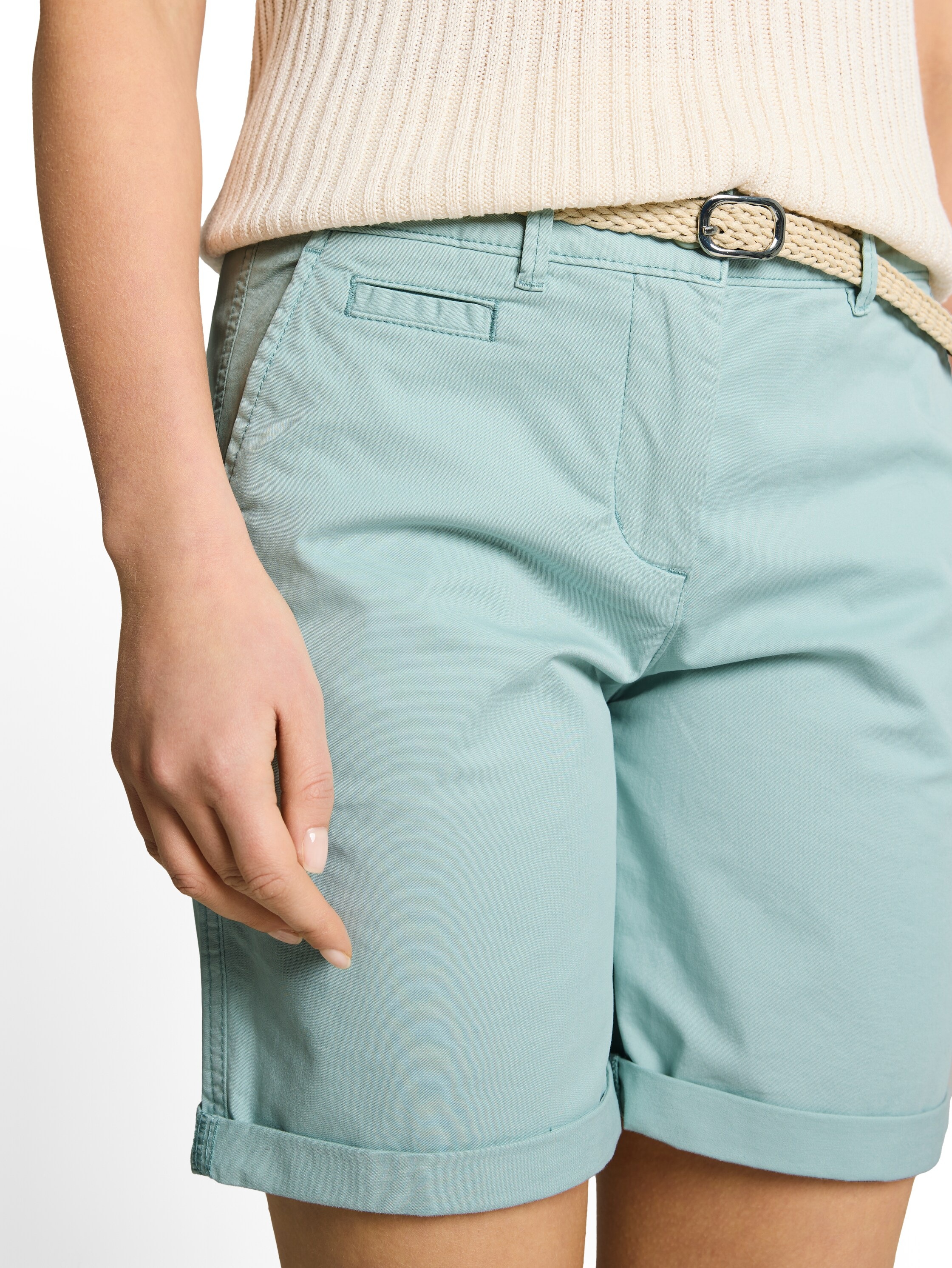 Chinoshorts TOM TAILOR, Damen, Gr. 36, N-Gr, blau haze, Web, Obermaterial: 86% Baumwolle, 10% Polyester, 4% Elasthan. Futter: 100% Baumwolle, unifarben, normal kurz, Hosen Chinoshorts, mit Gürtel und Stretch 2