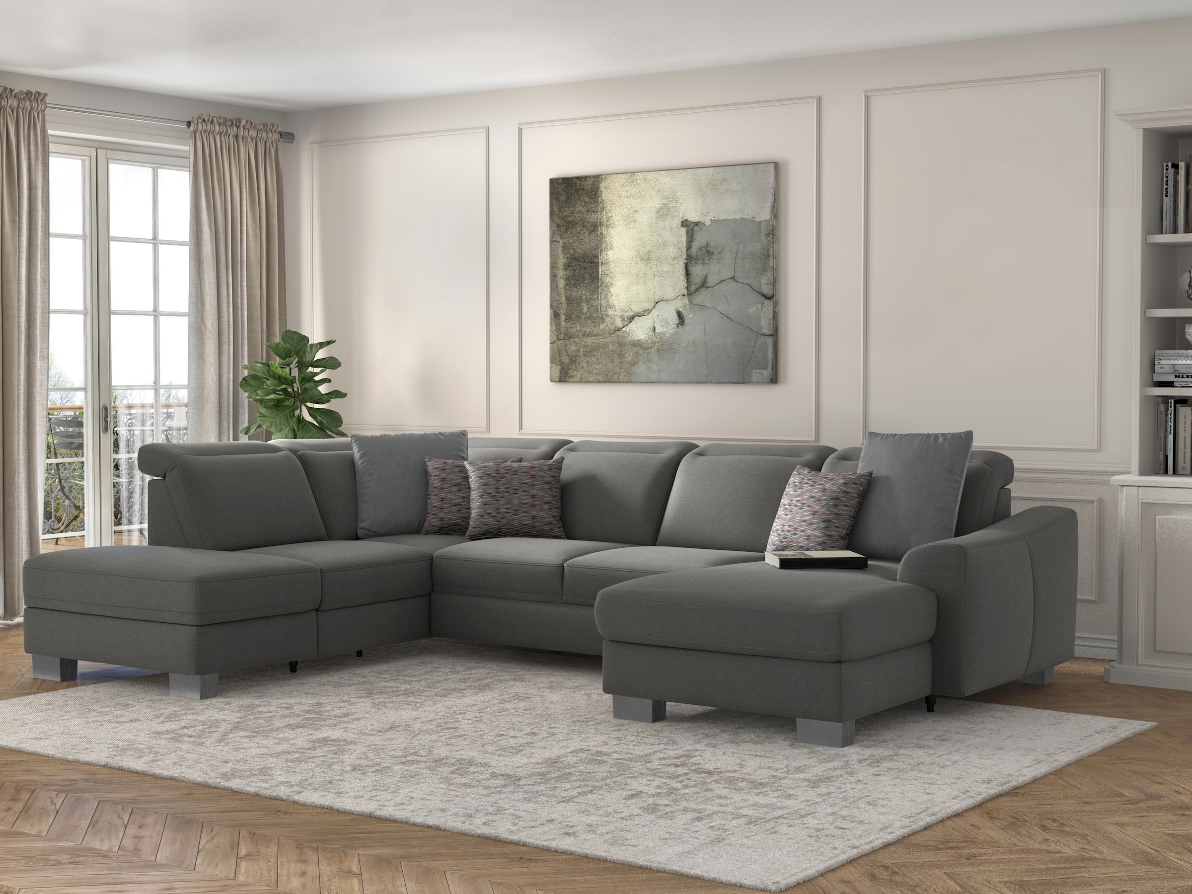 Wohnlandschaft SIT & MORE "Dundee U-Form", grau, B:338cm H:86cm T:219cm, Sofas, Wohnlandschaft, mit Federkern und Edelstahlfüßen, wahlweise mit Kopfteilverstellung