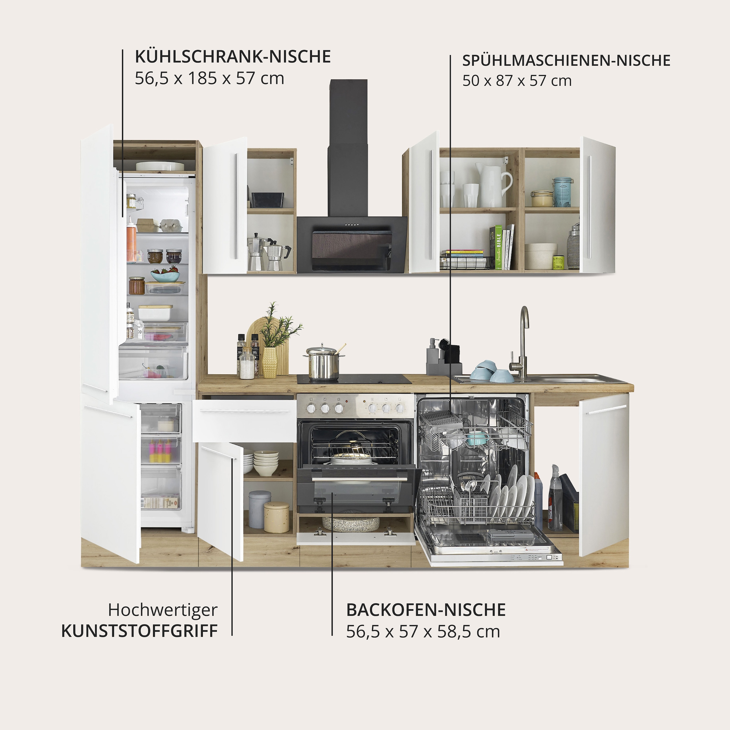 KOCHSTATION Küchenzeile »KS-Florida mit 38mm starker Arbeitsplatte« Breite 280 cm, wahlweise mit E-Geräten, Soft-Close-Funktion