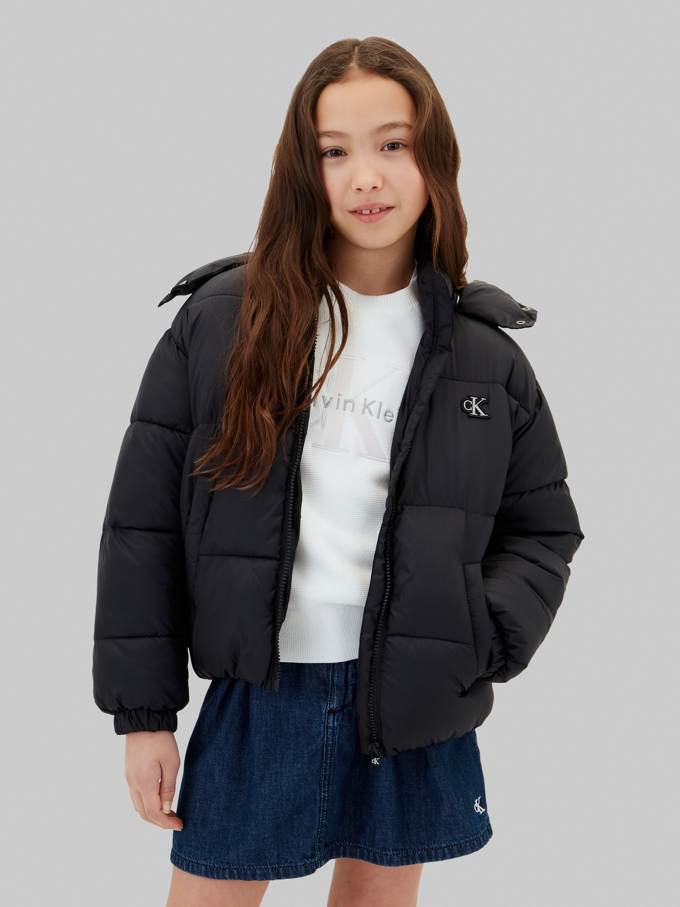 Calvin Klein Jeans Steppjacke mit Kapuze abnehmbare Kapuze, Regular Fit, Logostickerei