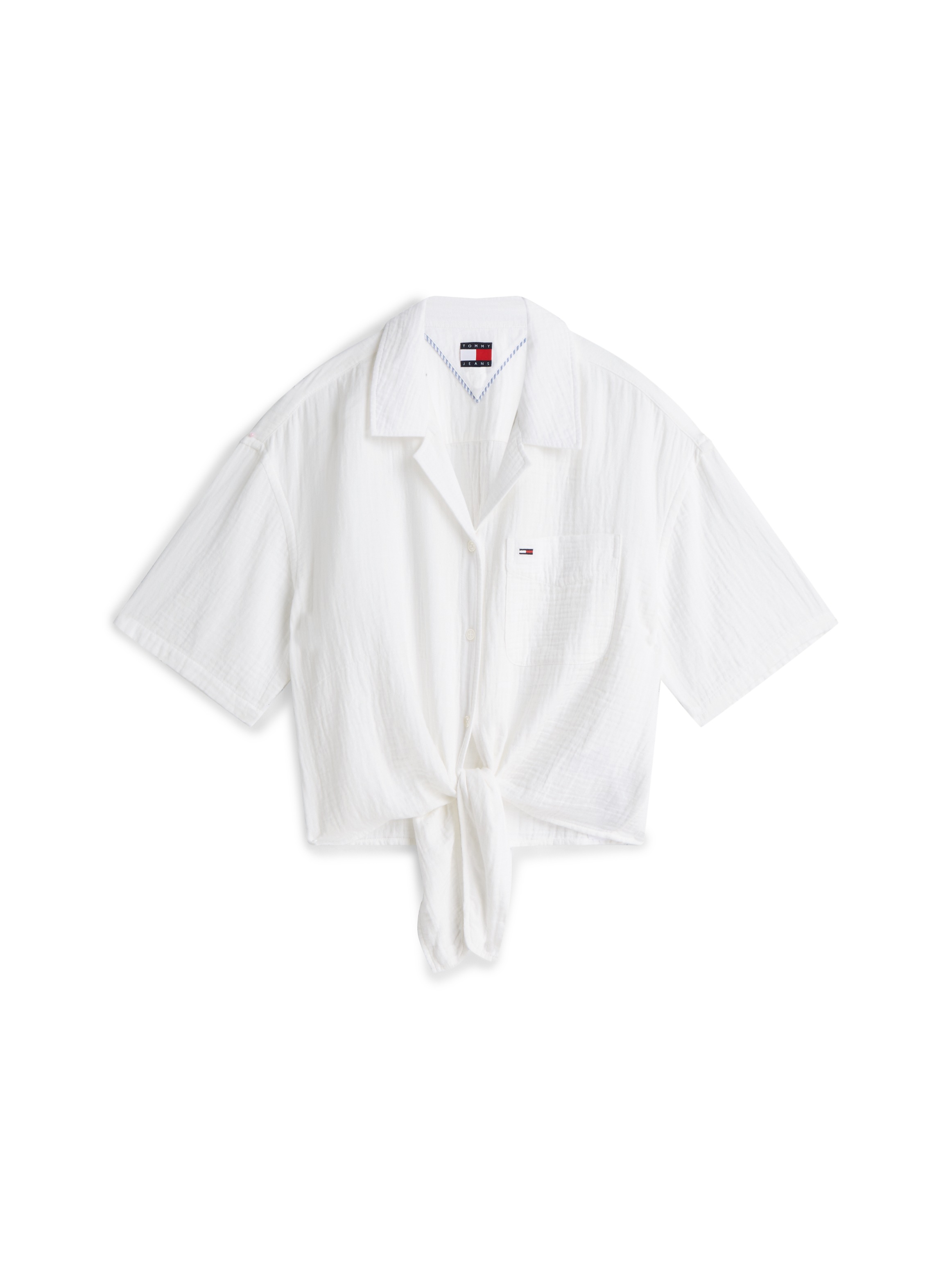 Tommy Jeans Kurzarmbluse »TJW TEXTURED TIE FRONT SS SHIRT« Baumwolle, Brusttasche, Saum zum Knoten