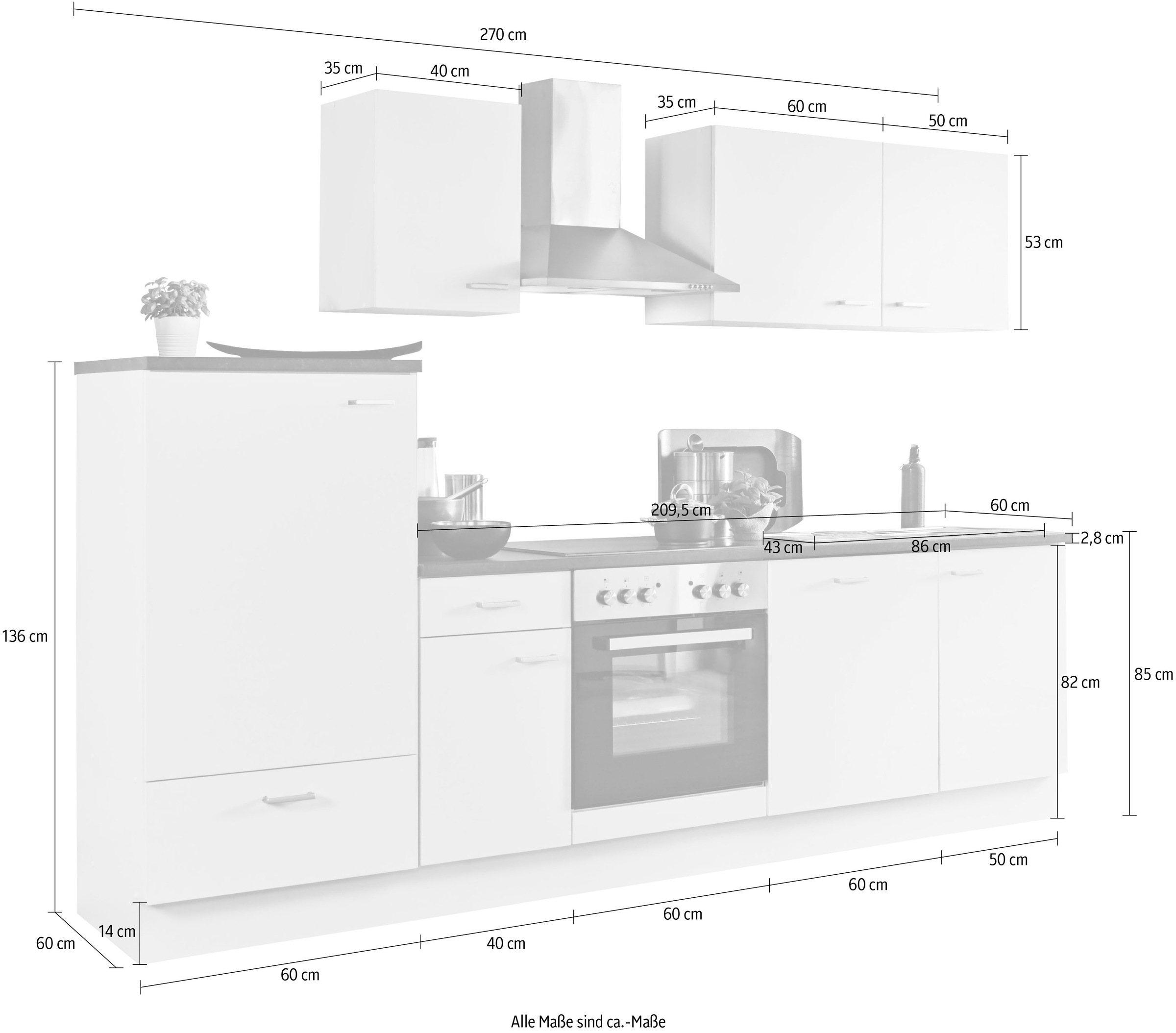 Menke Küchen Küchenzeile »White Classic«, Küchenzeile mit E-Geräten, Breite 270 cm