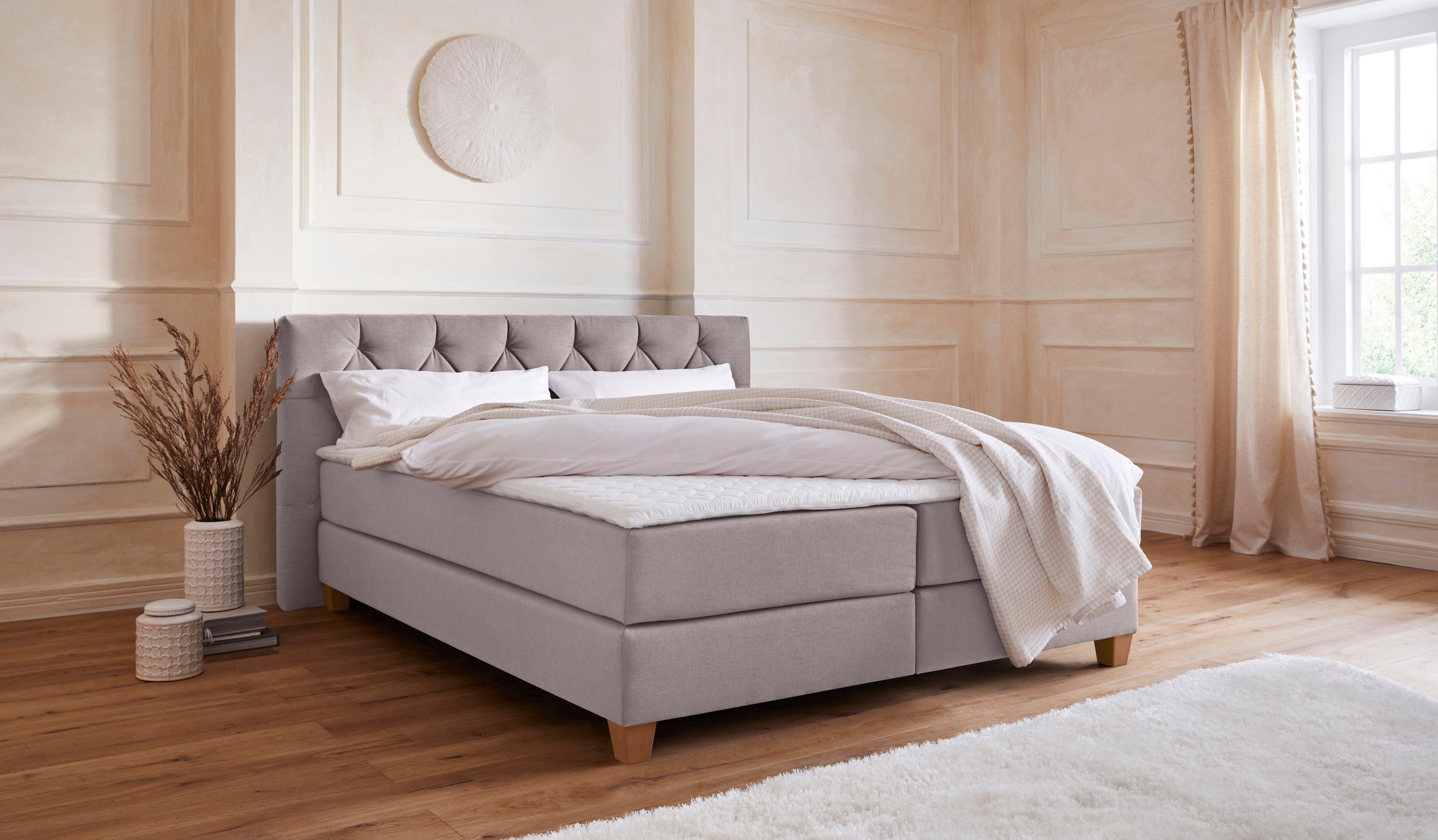 Boxspringbett HOME AFFAIRE "Harmones", grau (hellgrau), B:203cm L:210cm, Struktur (100% Polyester), Komplettbetten, Boxspringbett, in 3 Breiten, Härtegrad auch im Mix mit je 1 Matratze in H2 und H3 7