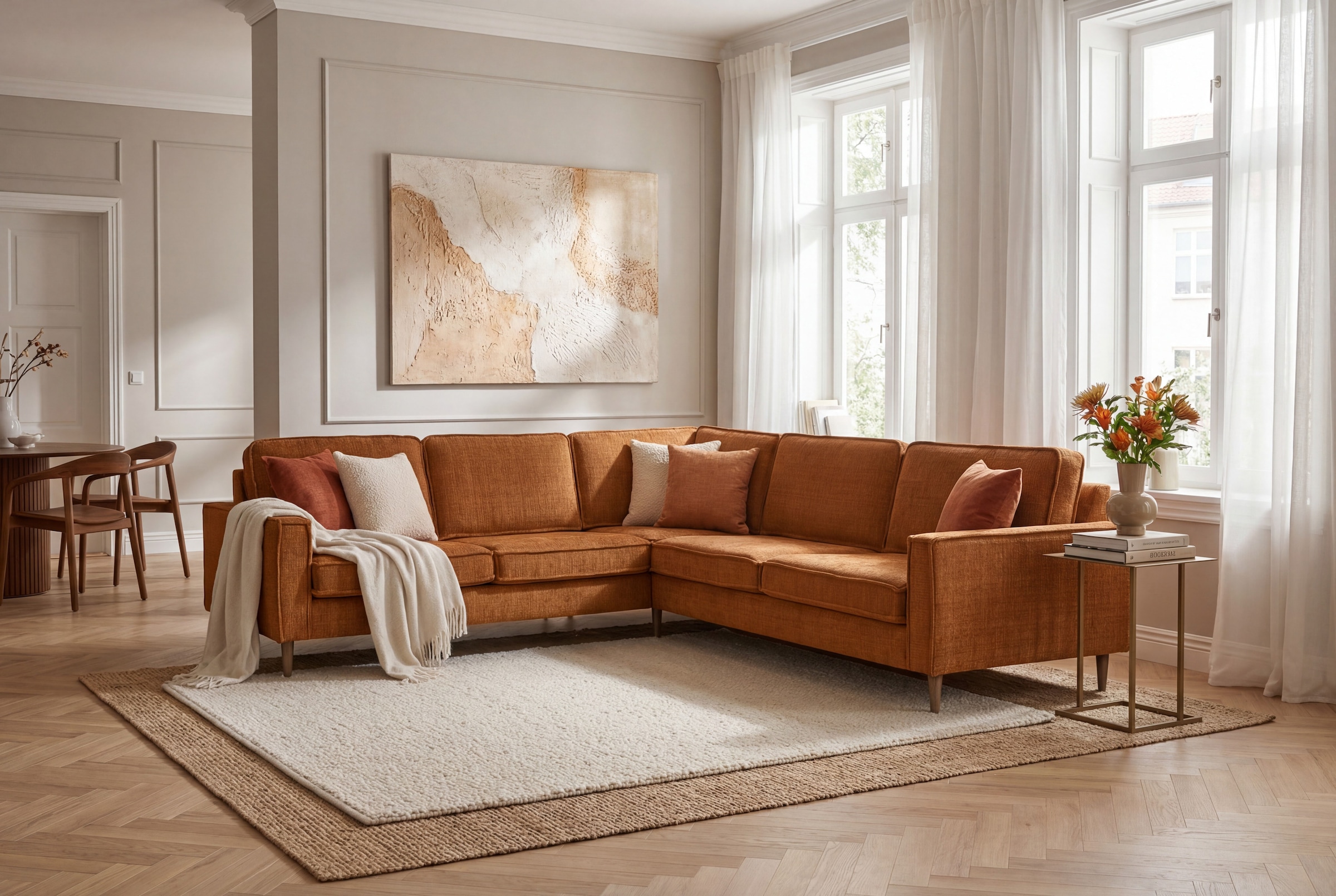 OTTO home Ecksofa "Pinto Skandi, 290 cm, Chenille, Struktur, Ottomane links / rechts" mit Keder, Massivholzfüße Eiche geräuchert, Wellenunterfederung